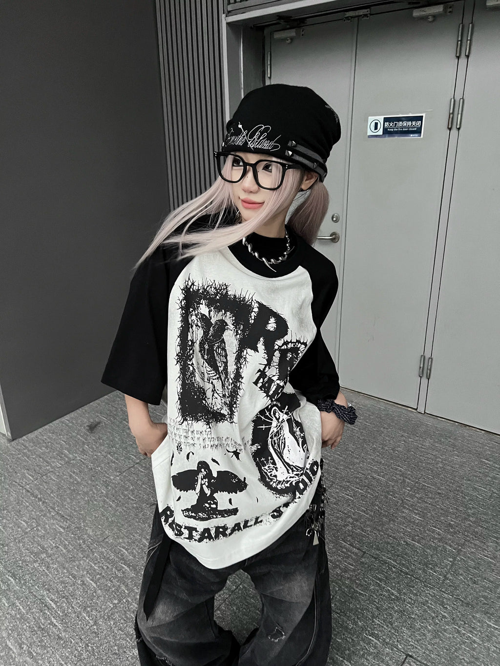 TR BRUSHHIFT American street graffiti print contrasting half sleeved T-shirt casual hip-hop loose top summer