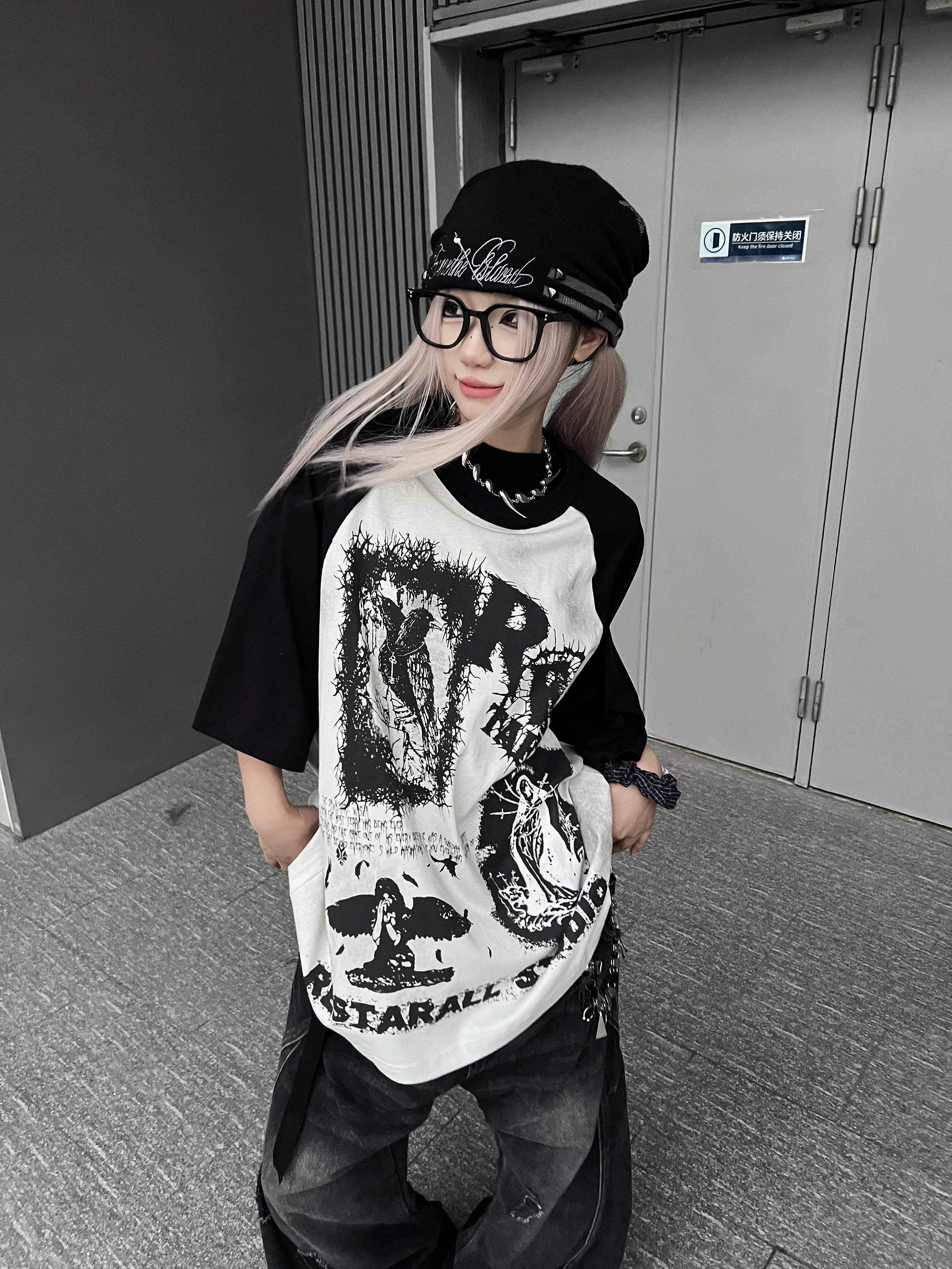 TR BRUSHHIFT American street graffiti print contrasting half sleeved T-shirt casual hip-hop loose top summer