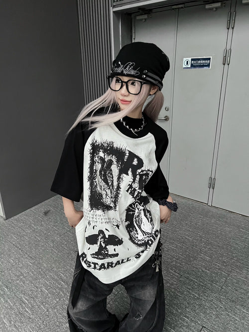 TR BRUSHHIFT American street graffiti print contrasting half sleeved T-shirt casual hip-hop loose top summer