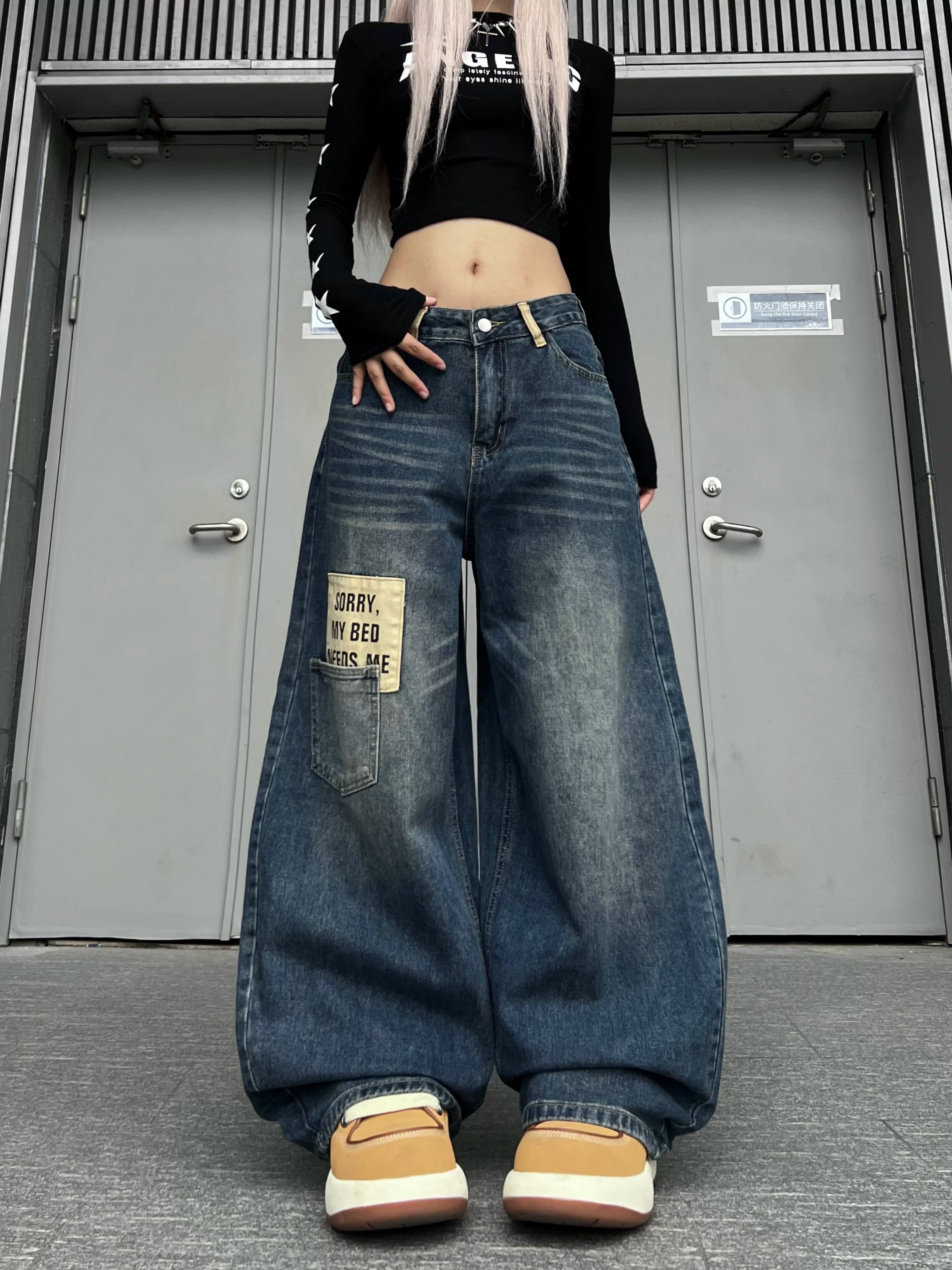 TR BRUSHHIFT American retro patchwork curved knife jeans washed and worn wide leg floor length pants