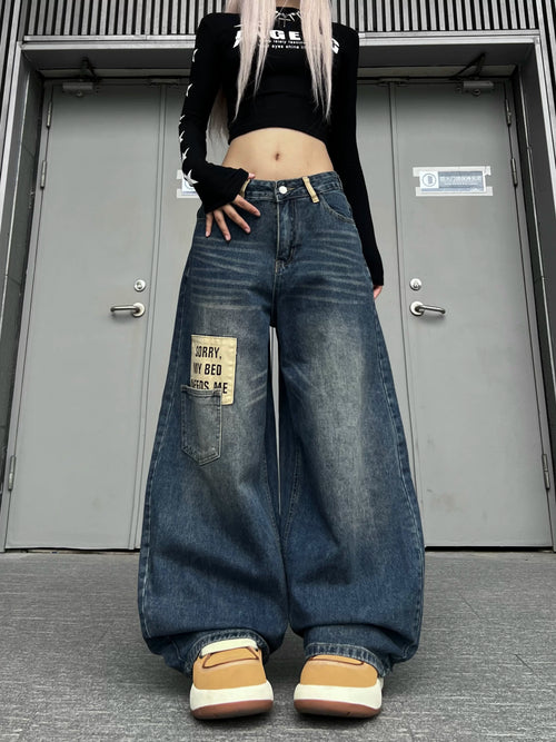 TR BRUSHHIFT American retro patchwork curved knife jeans washed and worn wide leg floor length pants