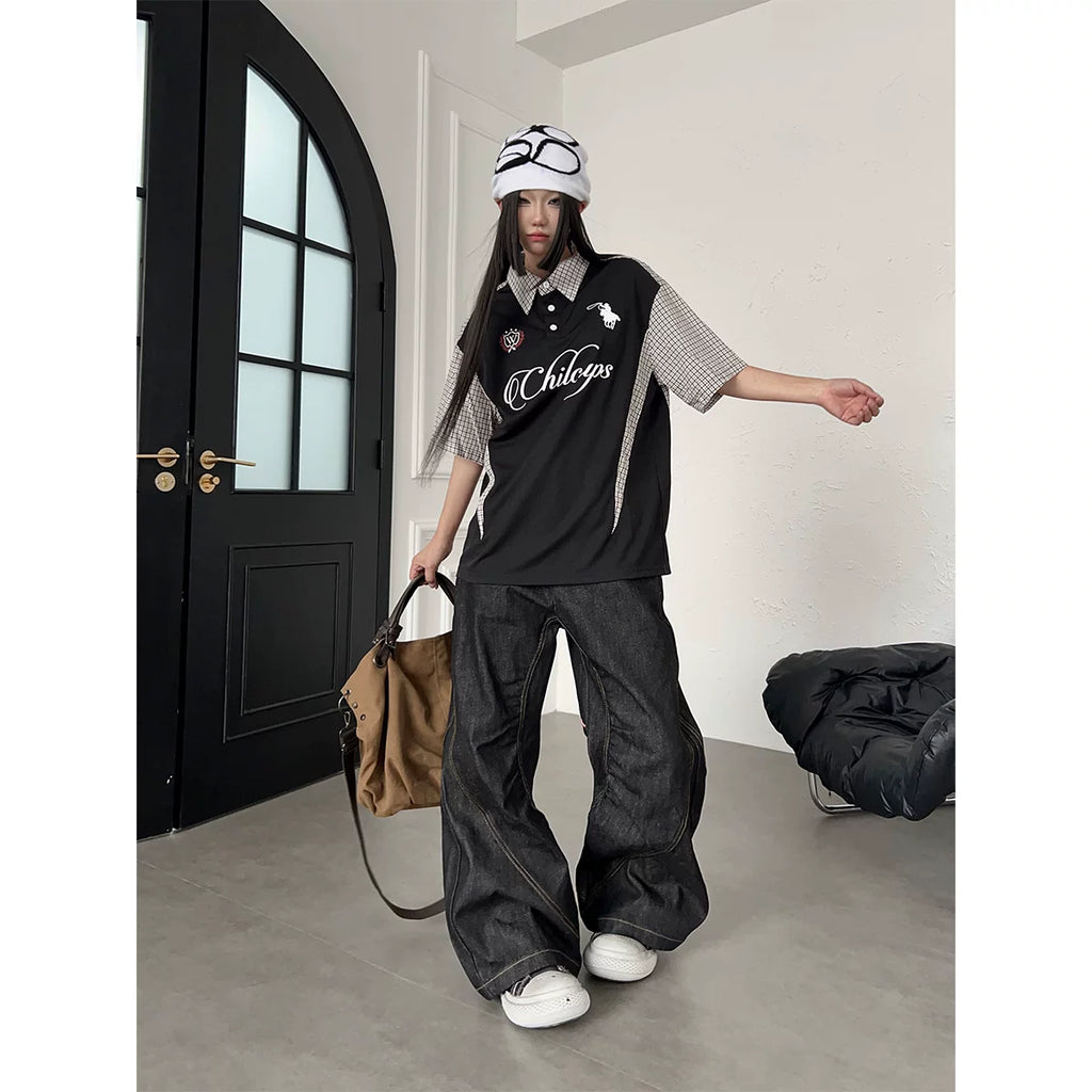 TR BRUSHHIFT American Gothic style heavy embroidery pleated original color jeans loose wide leg curved knife pants