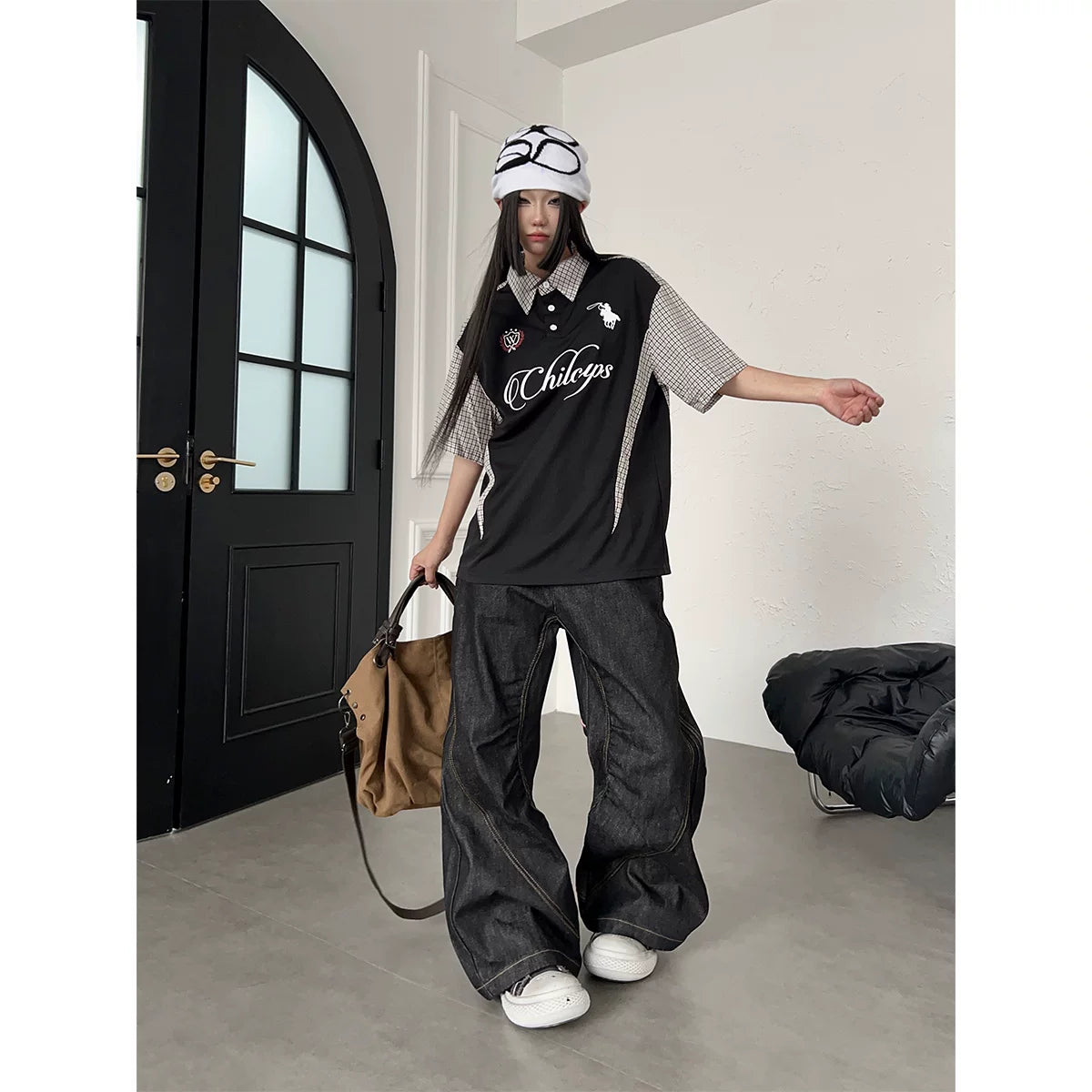 TR BRUSHHIFT American Gothic style heavy embroidery pleated original color jeans loose wide leg curved knife pants