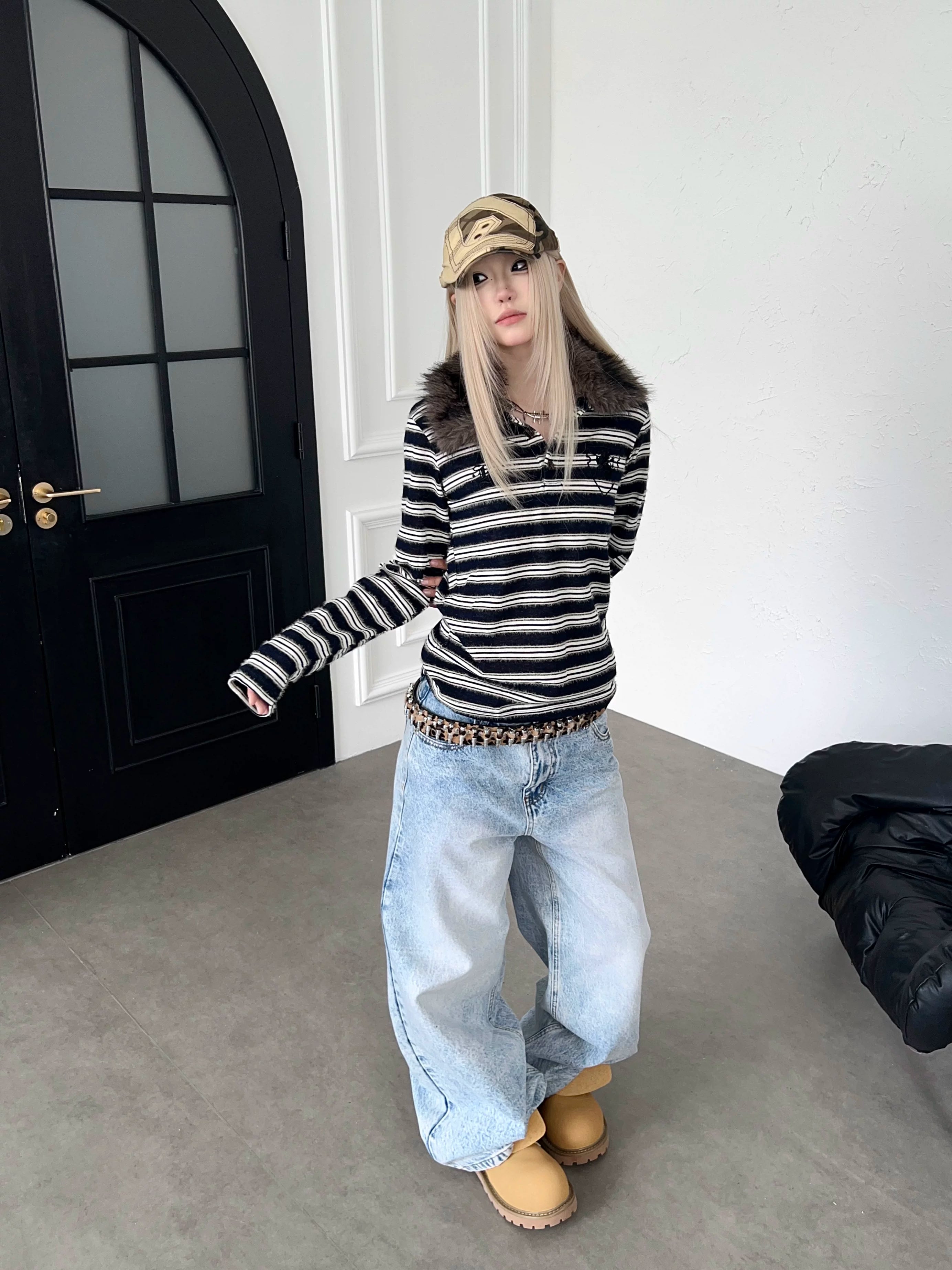 TR BRUSHHIFT American light Asian style warhorse embroidered fur lapel long sleeved hoodie slim striped top
