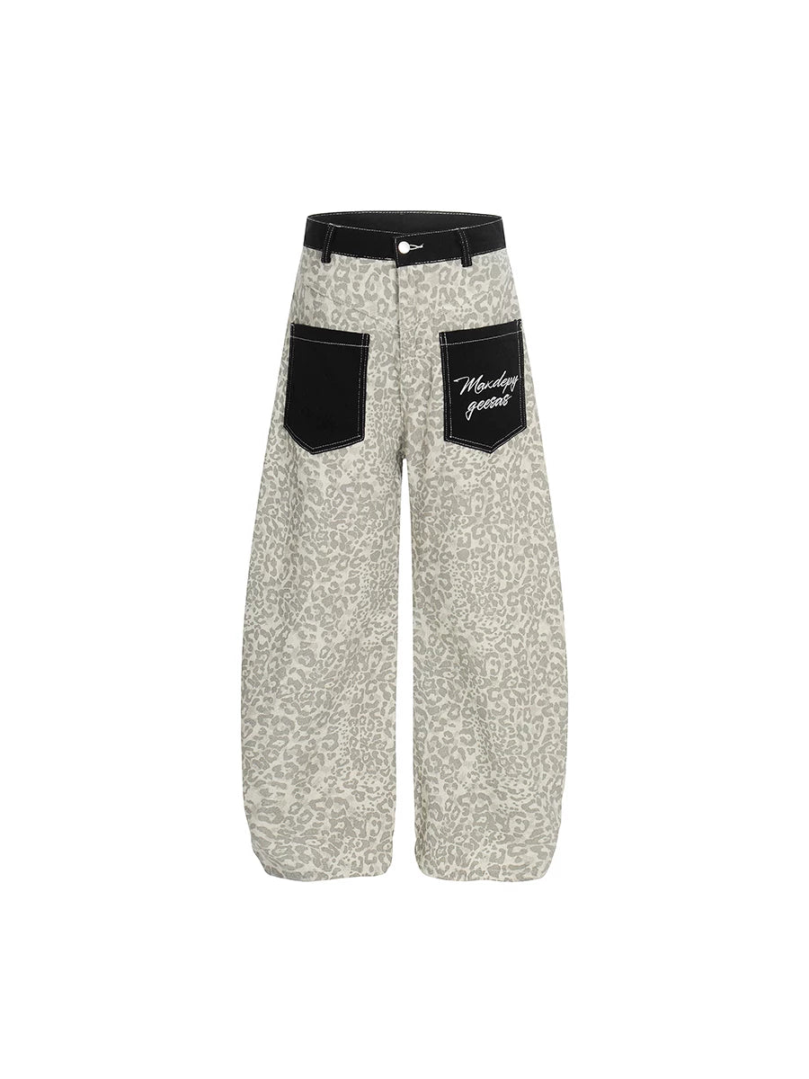 TR BRUSHHIFT American retro leopard print patch pocket jeans street loose wide leg curved knife pants