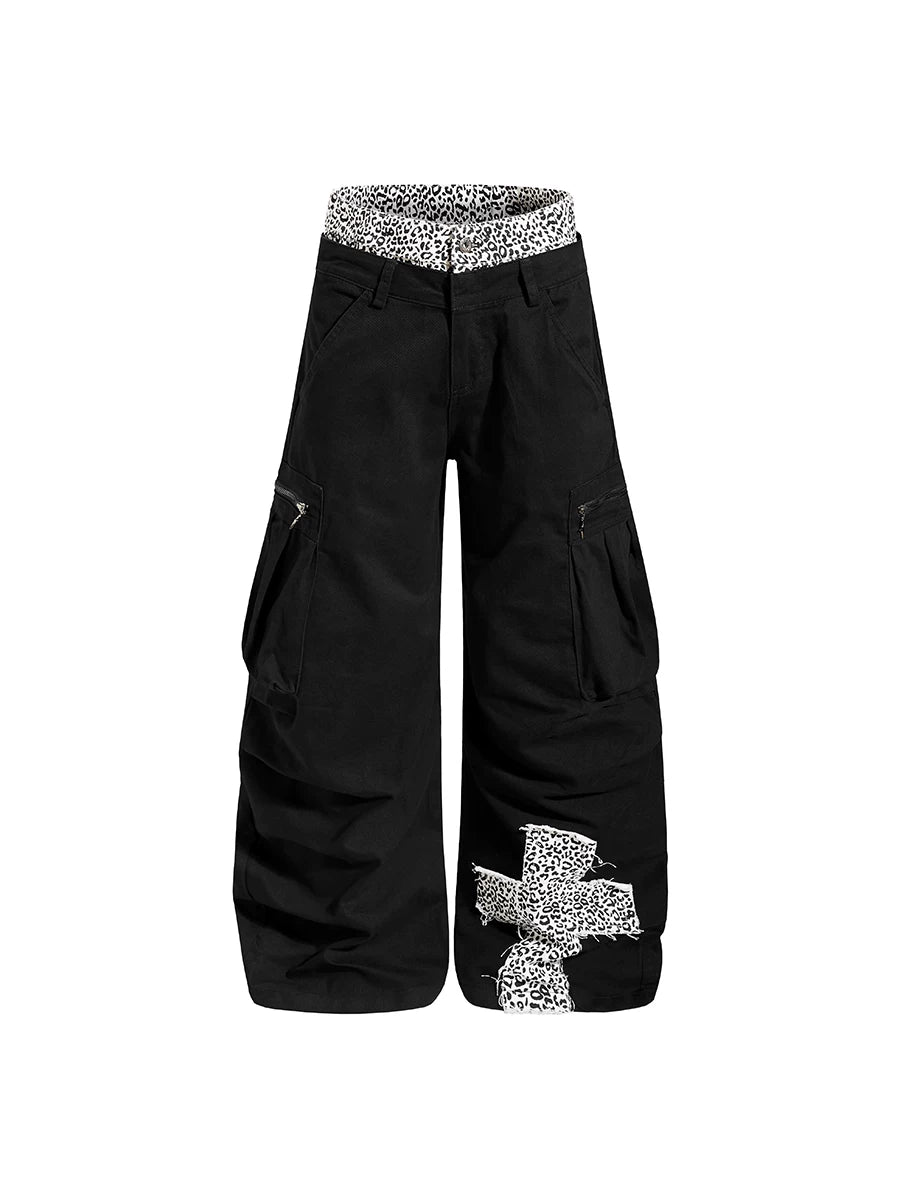 TR BRUSHHIFT street leopard print double waisted spliced curved knife work pants with three-dimensional pockets wide leg casual pants