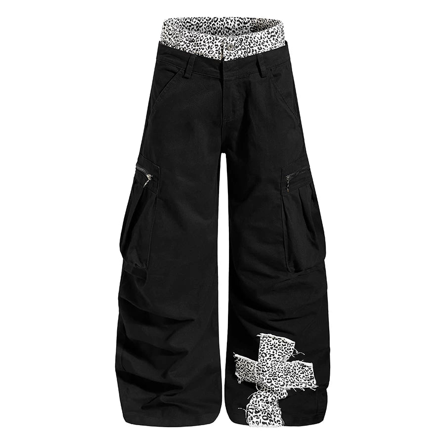TR BRUSHHIFT street leopard print double waisted spliced curved knife work pants with three-dimensional pockets wide leg casual pants