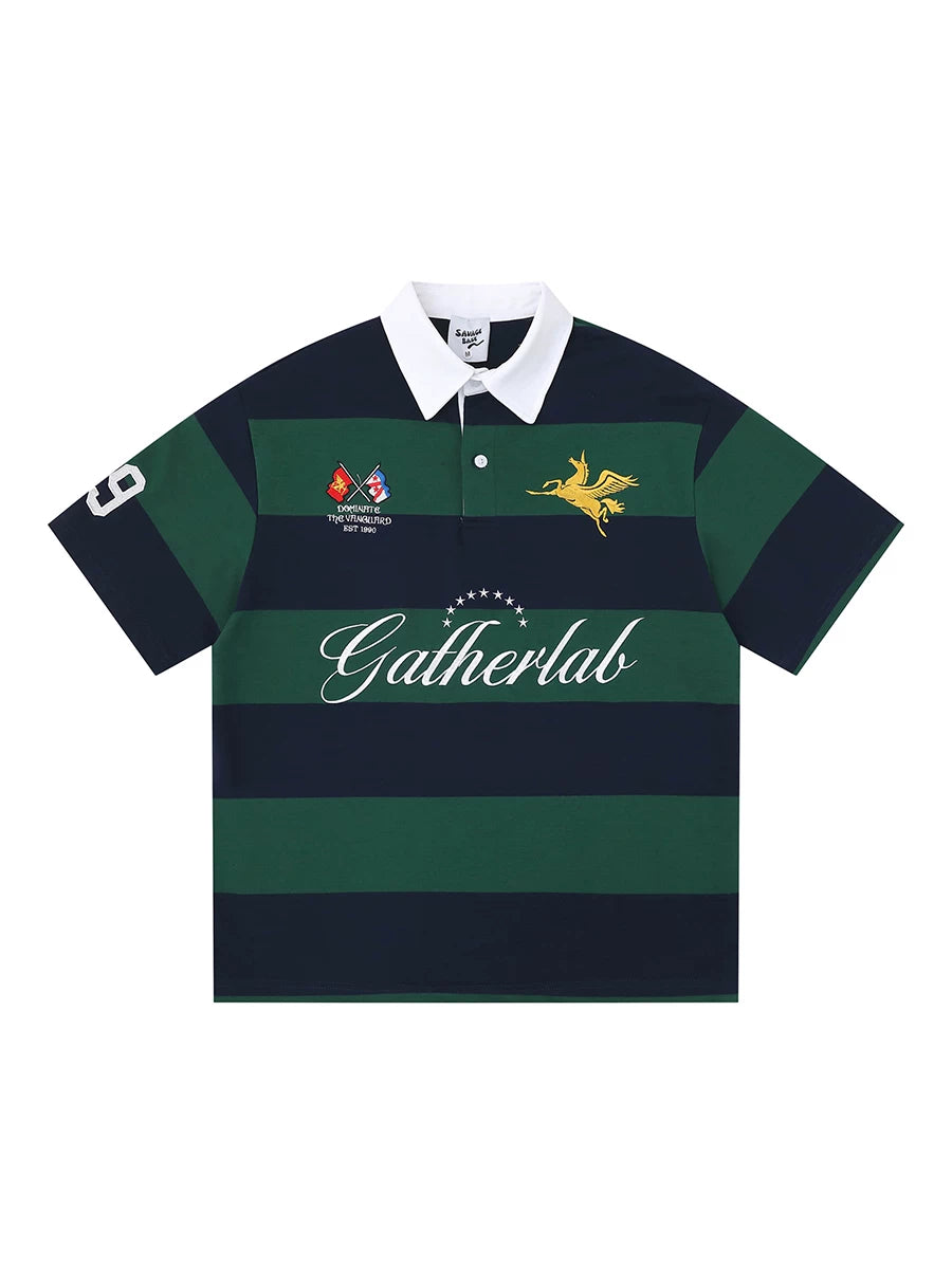 TR BRUSHHIFT American retro Pegasus embroidered contrasting striped polo shirt loose short sleeved T-shirt top