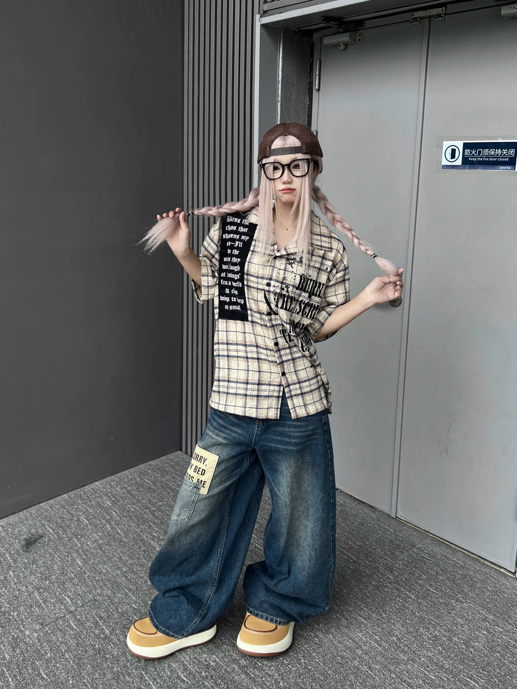 TR BRUSHHIFT American retro patchwork curved knife jeans washed and worn wide leg floor length pants