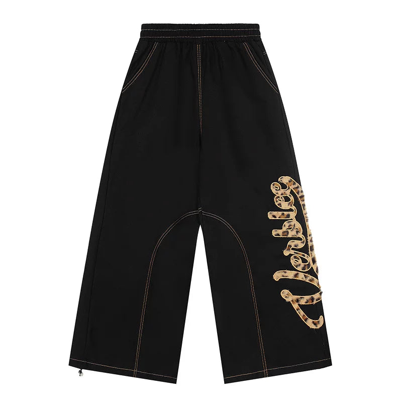 TR BRUSHHIFT American retro embroidered leopard print plush jeans loose jazz dance curved knife wide leg pants