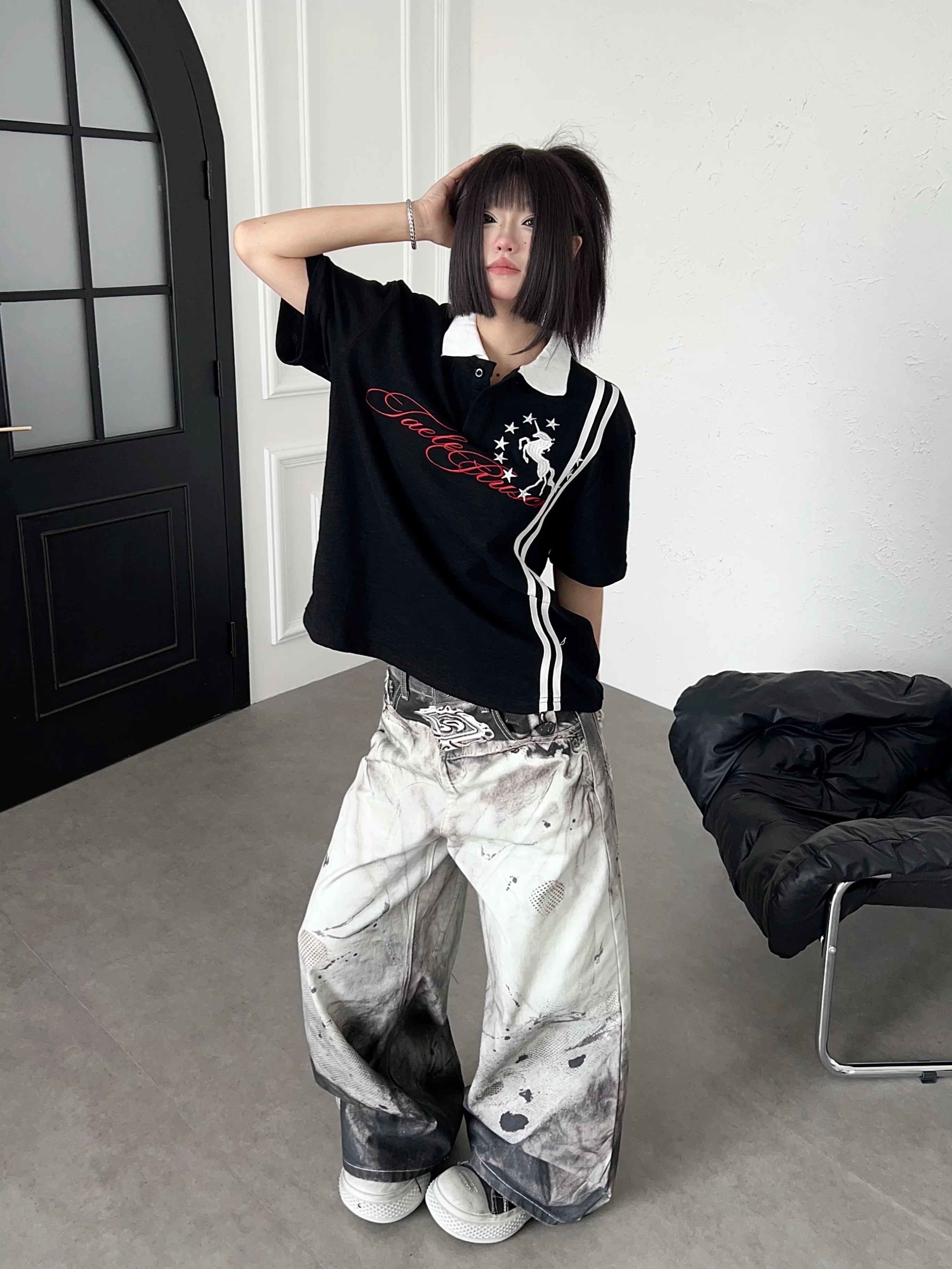 TR BRUSHHIFT American 3D Digital Printing, Dyeing, Splashing Ink, Curved Knife Jeans, Loose Wide Legs, Dirty Pants