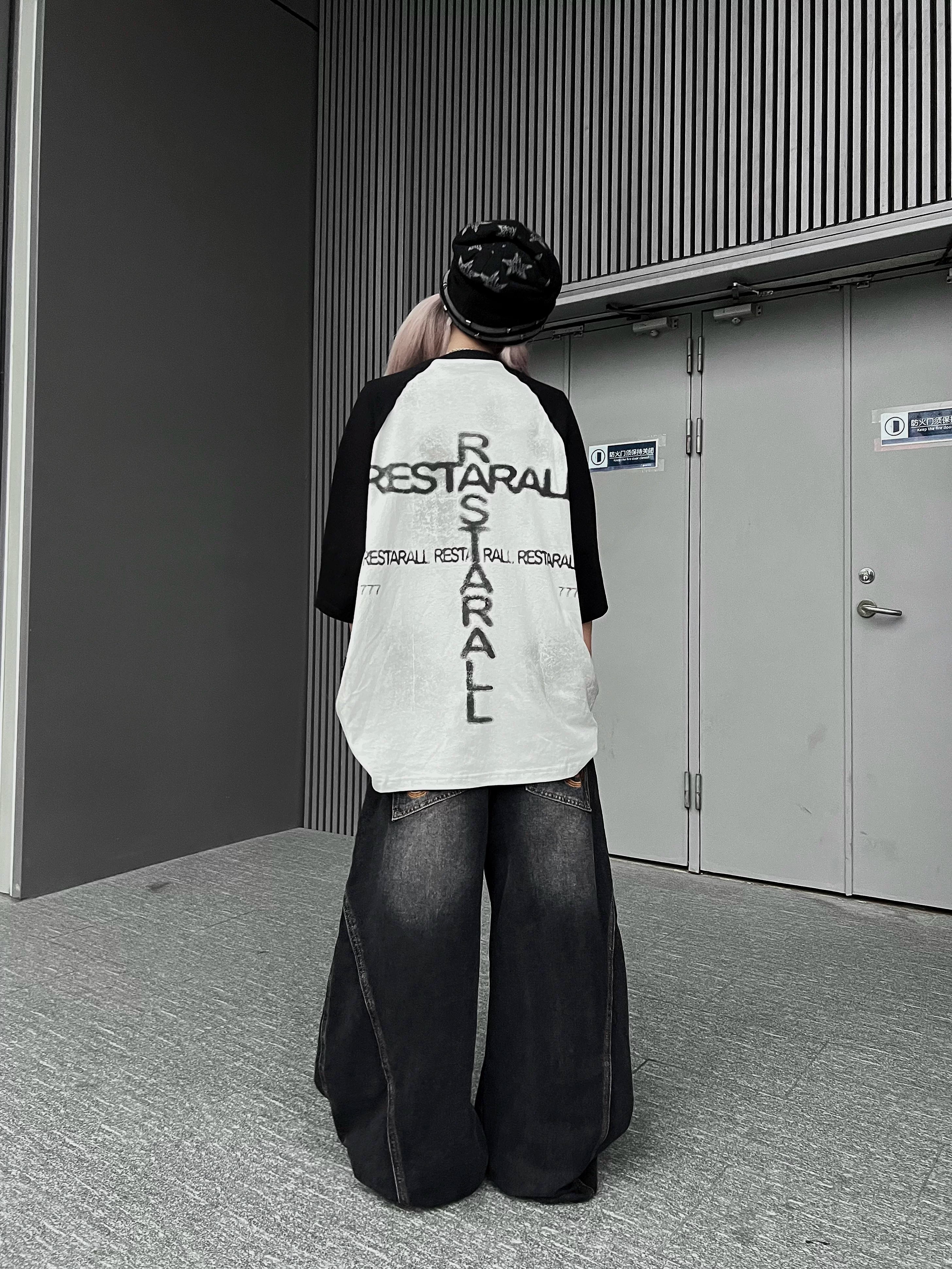 TR BRUSHHIFT American street graffiti print contrasting half sleeved T-shirt casual hip-hop loose top summer