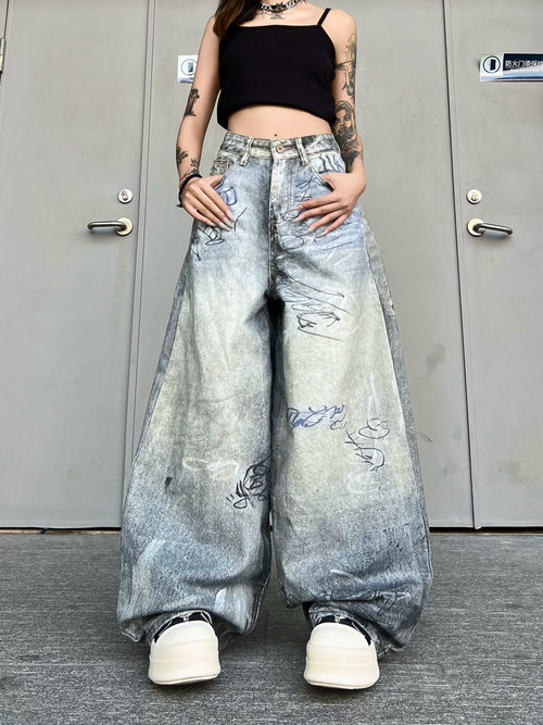 TR BRUSHHIFT American Graffiti Street Jeans, Washed and Used, Loose Wide Leg, Floor Bending Knife Pants