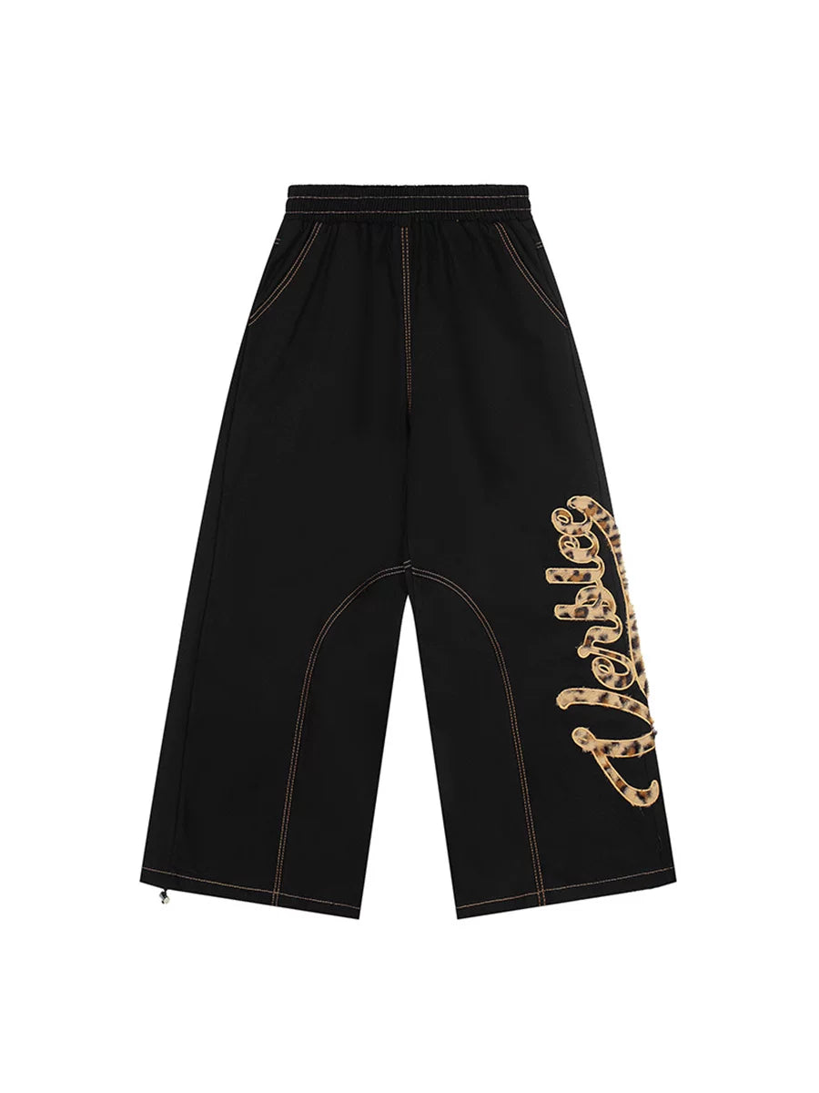 TR BRUSHHIFT American retro embroidered leopard print plush jeans loose jazz dance curved knife wide leg pants