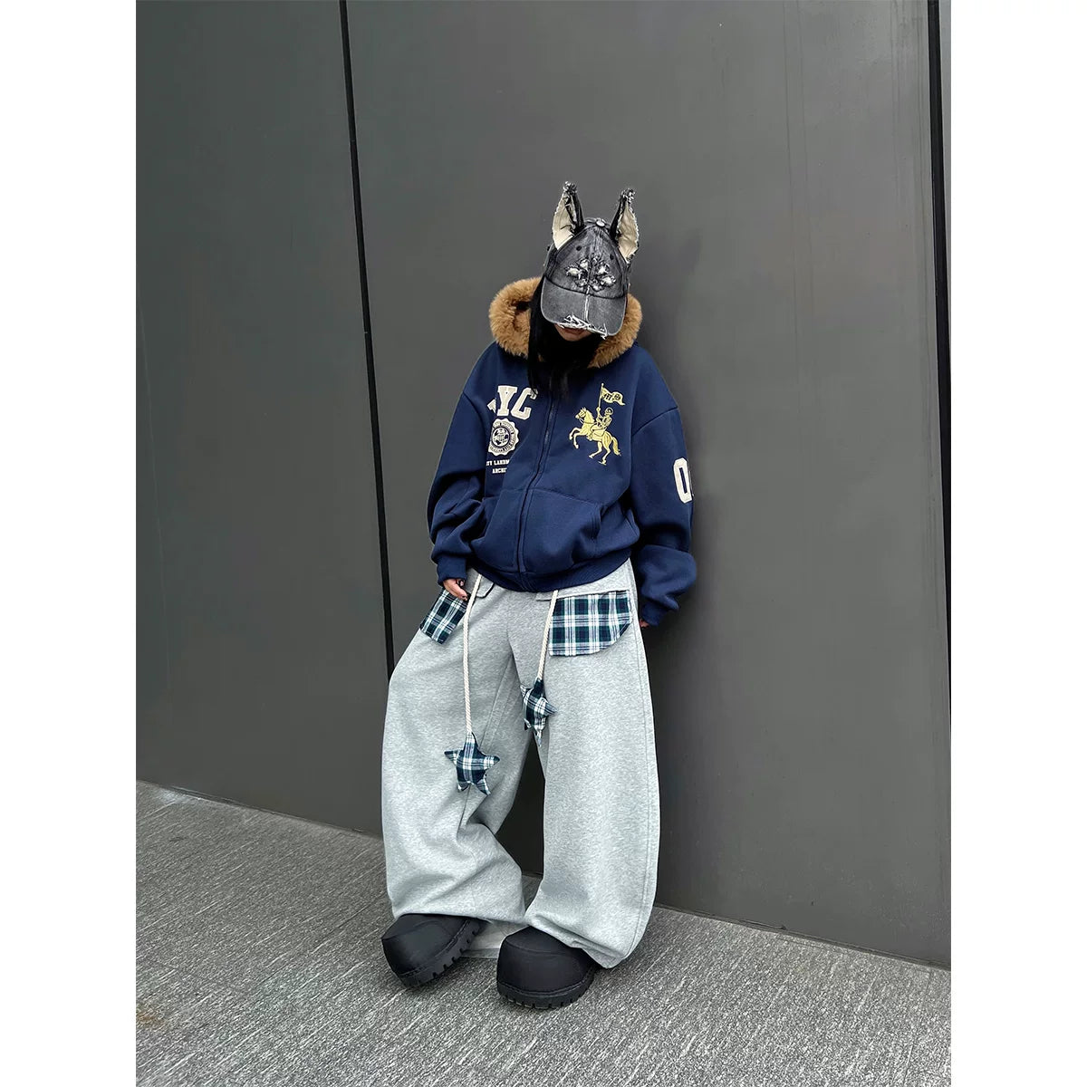 TR BRUSHHIFT American style patchwork plaid strap curved knife casual thick cotton pants with drooping jazz dance wide leg pants