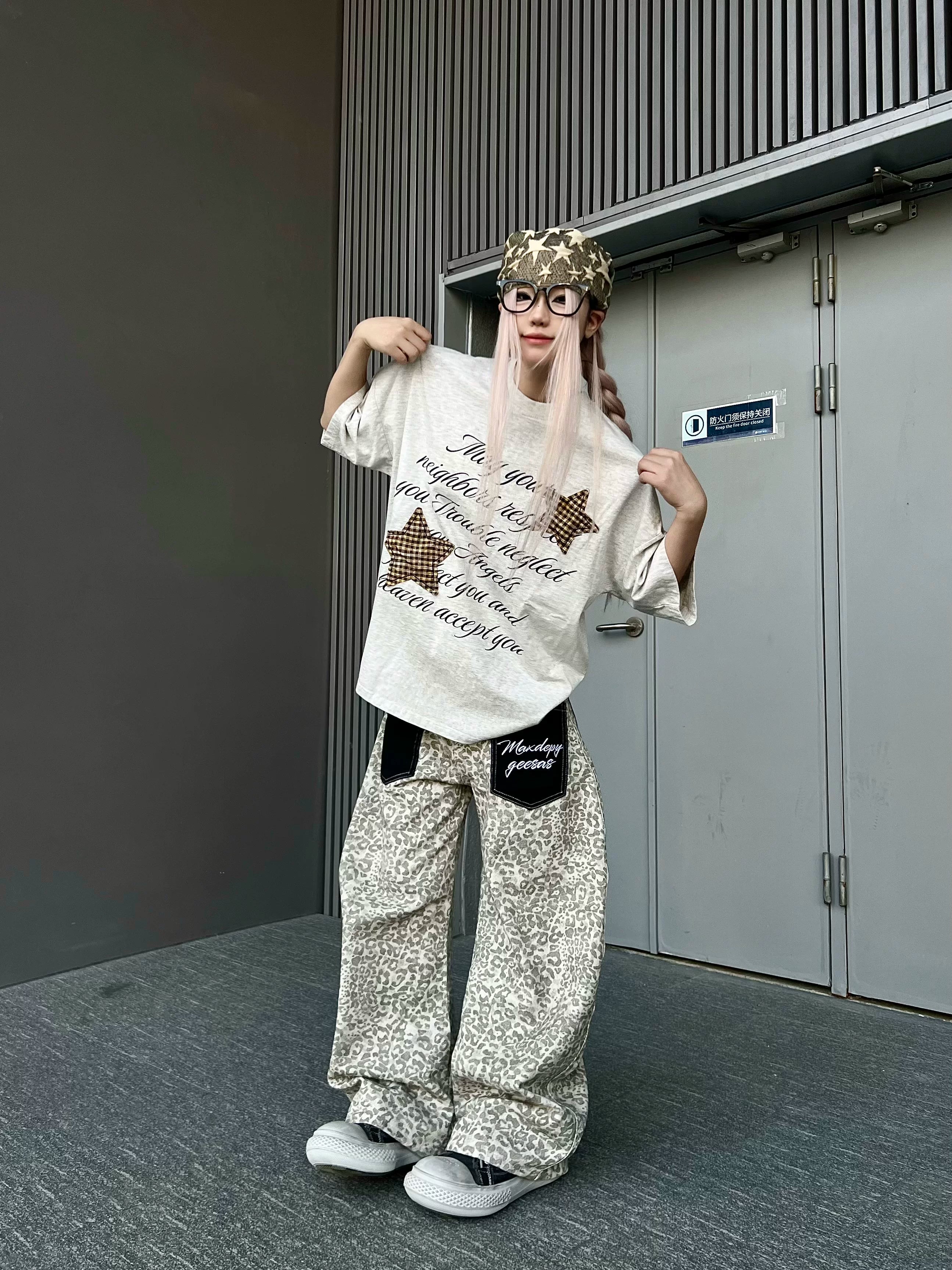 TR BRUSHHIFT American retro leopard print patch pocket jeans street loose wide leg curved knife pants