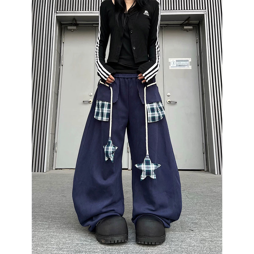 TR BRUSHHIFT American style patchwork plaid strap curved knife casual thick cotton pants with drooping jazz dance wide leg pants