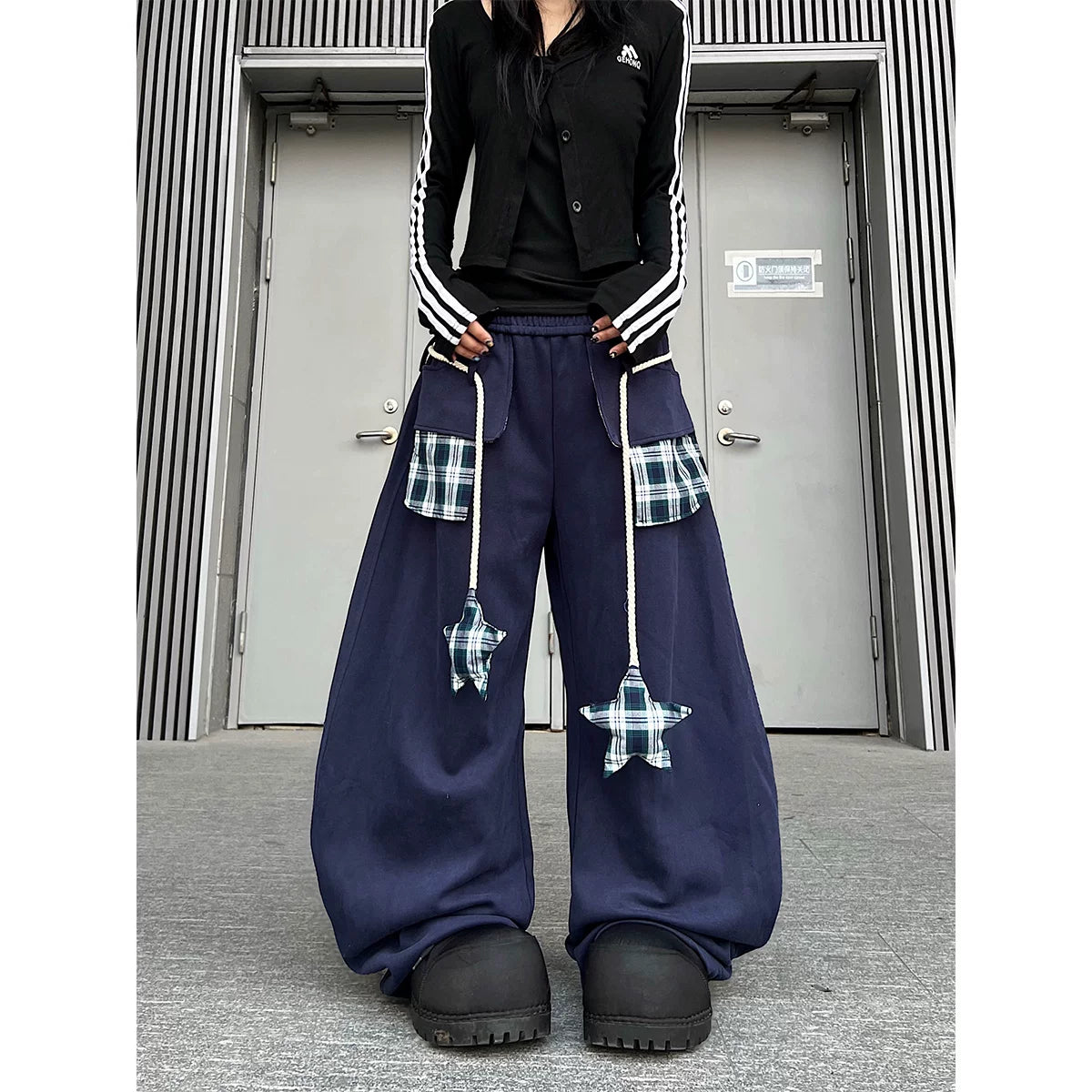 TR BRUSHHIFT American style patchwork plaid strap curved knife casual thick cotton pants with drooping jazz dance wide leg pants