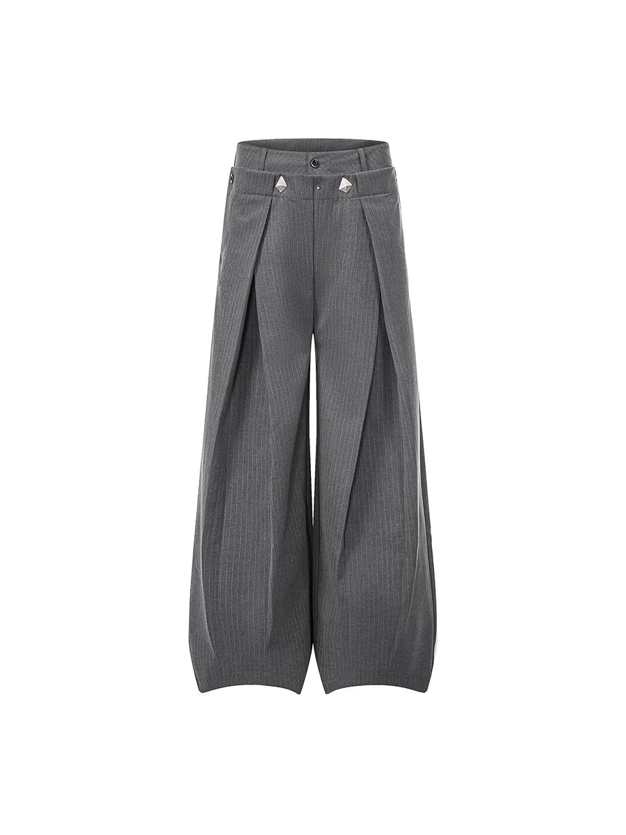 TR BRUSHHIFT double waisted pleated A-line wide leg striped trousers for men and women, loose hanging casual pants