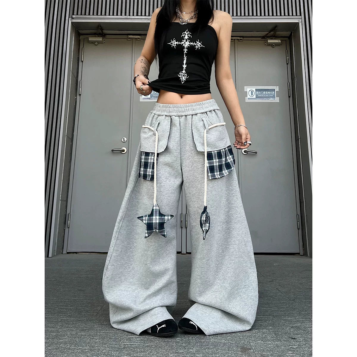 TR BRUSHHIFT American style patchwork plaid strap curved knife casual thick cotton pants with drooping jazz dance wide leg pants