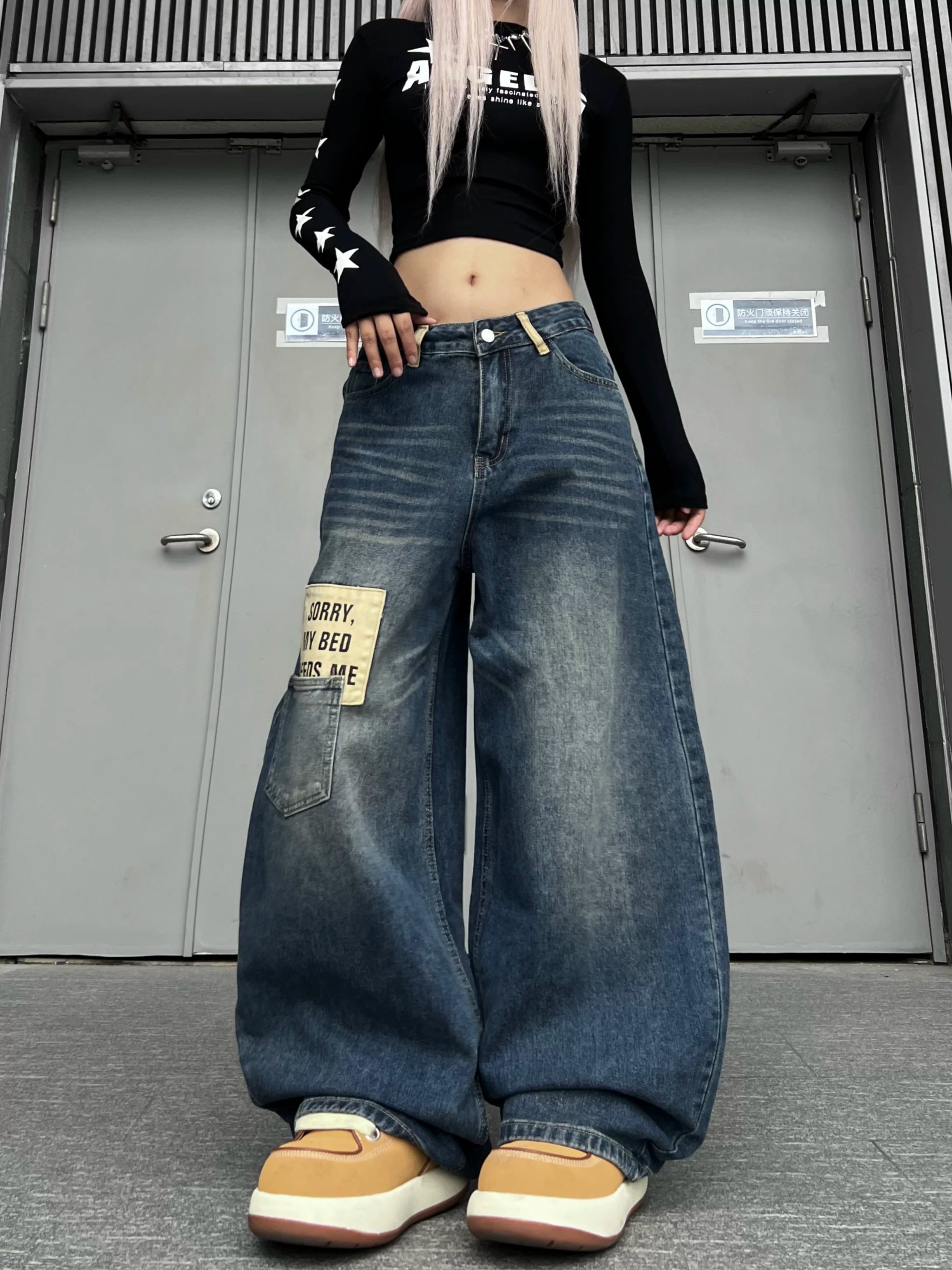 TR BRUSHHIFT American retro patchwork curved knife jeans washed and worn wide leg floor length pants