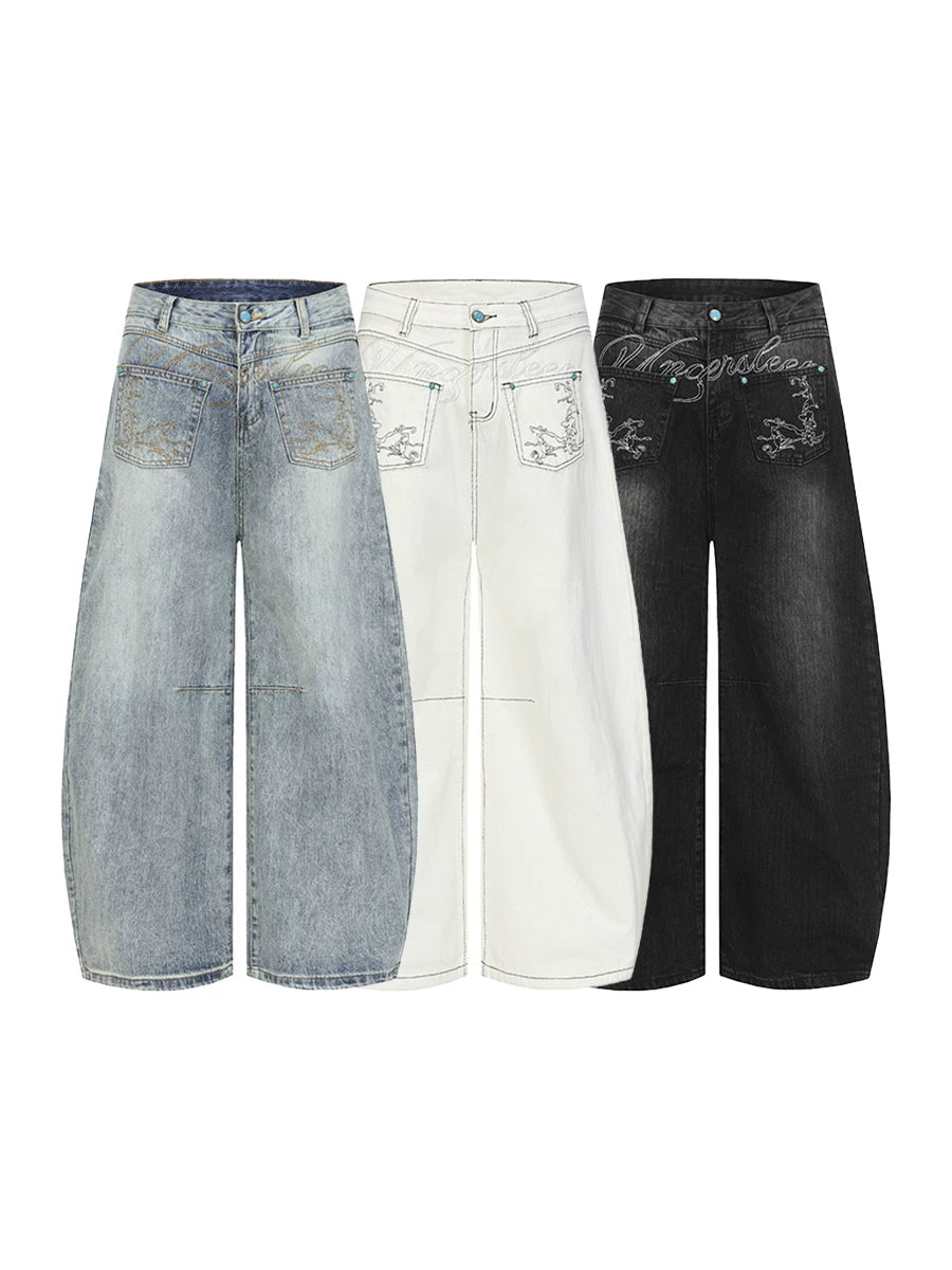 TR BRUSHHIFT American Design Flip Pocket Embroidered Curved Knife Jeans Loose Wide Leg Floor Pants