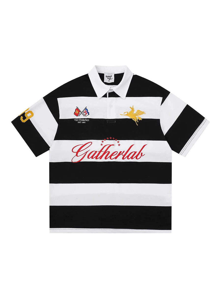 TR BRUSHHIFT American retro Pegasus embroidered contrasting striped polo shirt loose short sleeved T-shirt top