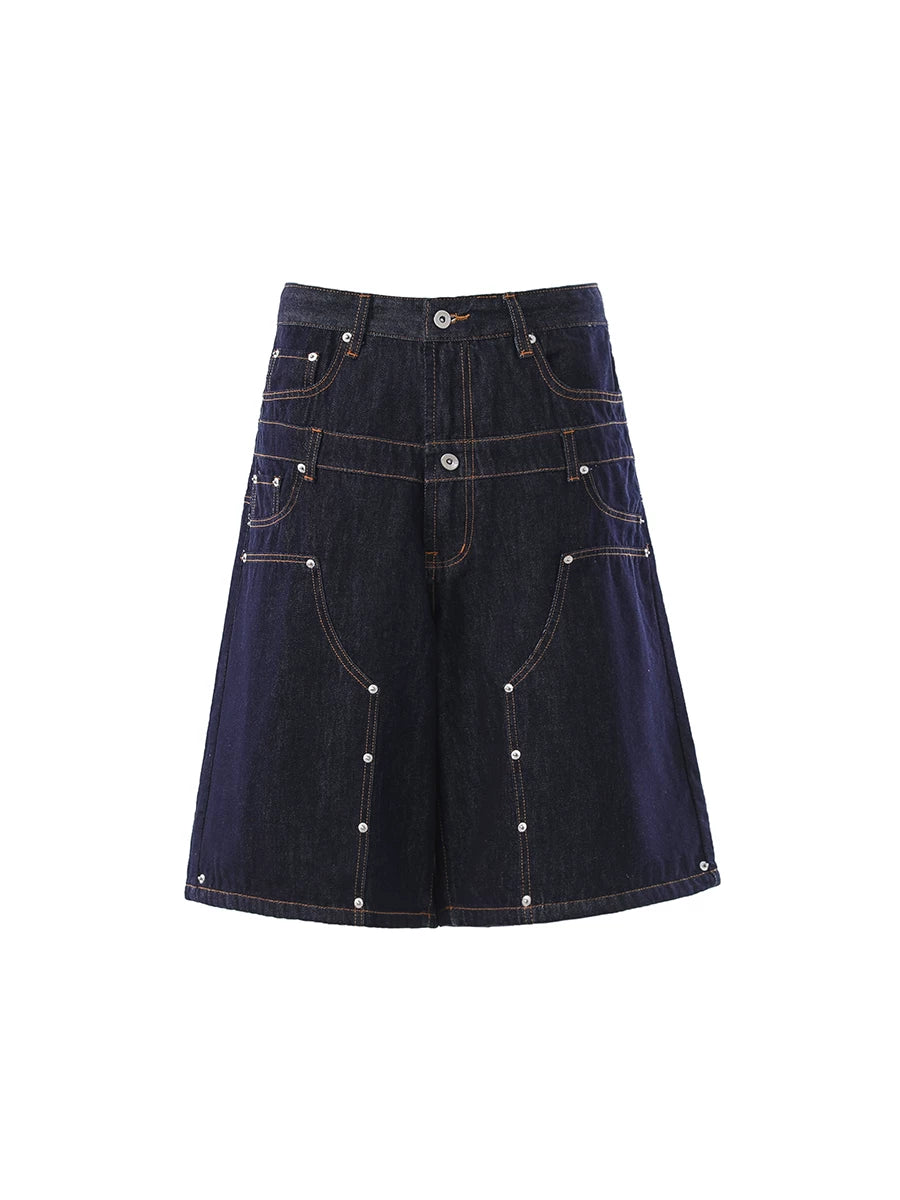 TR BRUSHHIFT American Rivet Deconstruction Double Waist Head Design Cowboy Seven Leg Pants Loose Wide Leg Shorts Summer