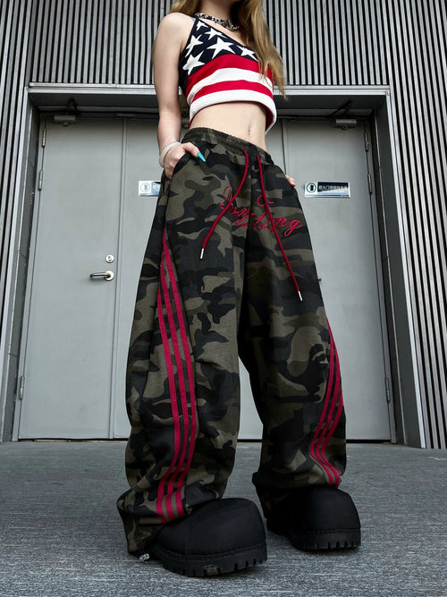 TR BRUSHHIFT American letter embroidery three bar camouflage curved knife casual pants loose floor wide leg pants
