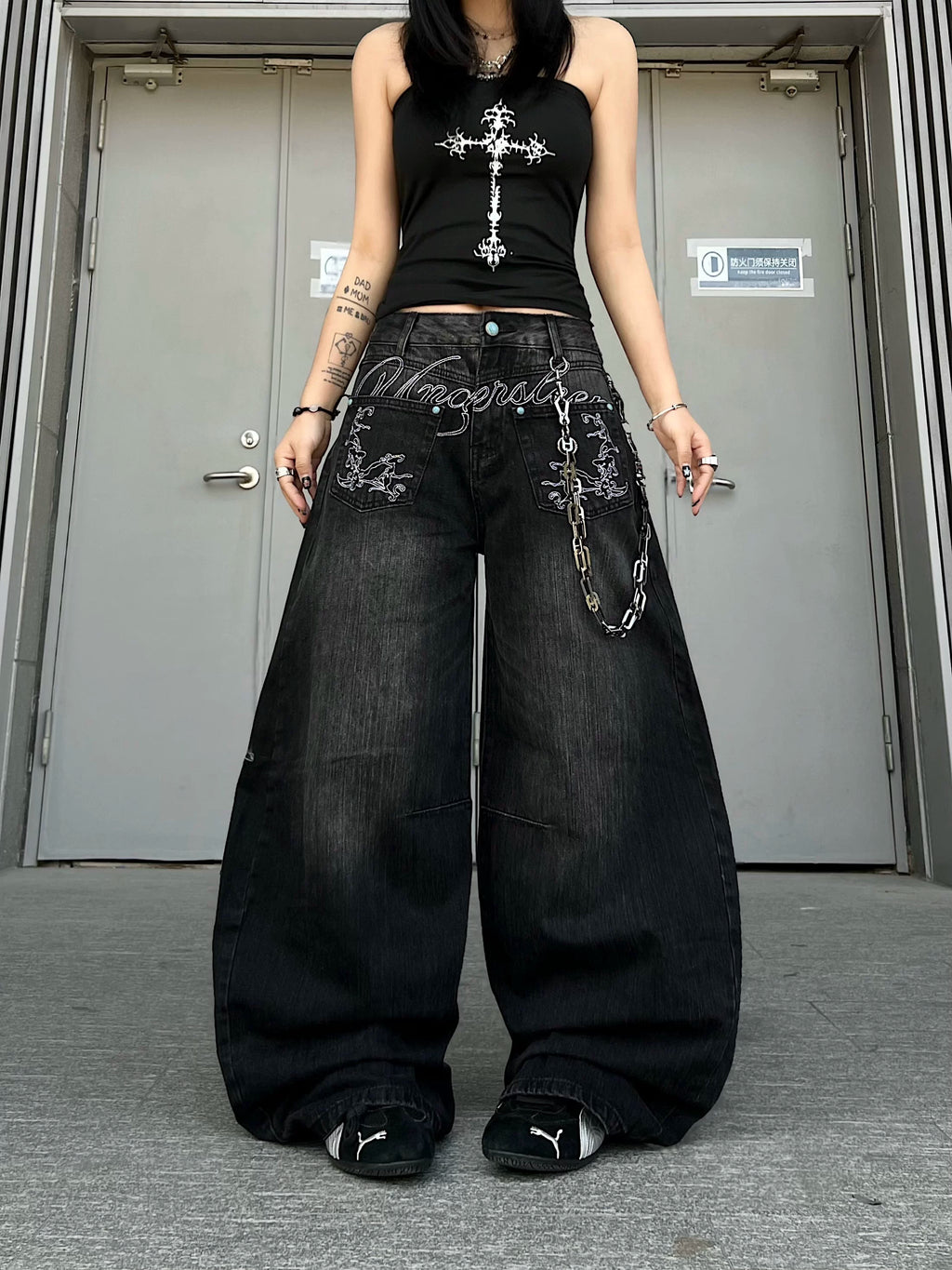 TR BRUSHHIFT American Design Flip Pocket Embroidered Curved Knife Jeans Loose Wide Leg Floor Pants