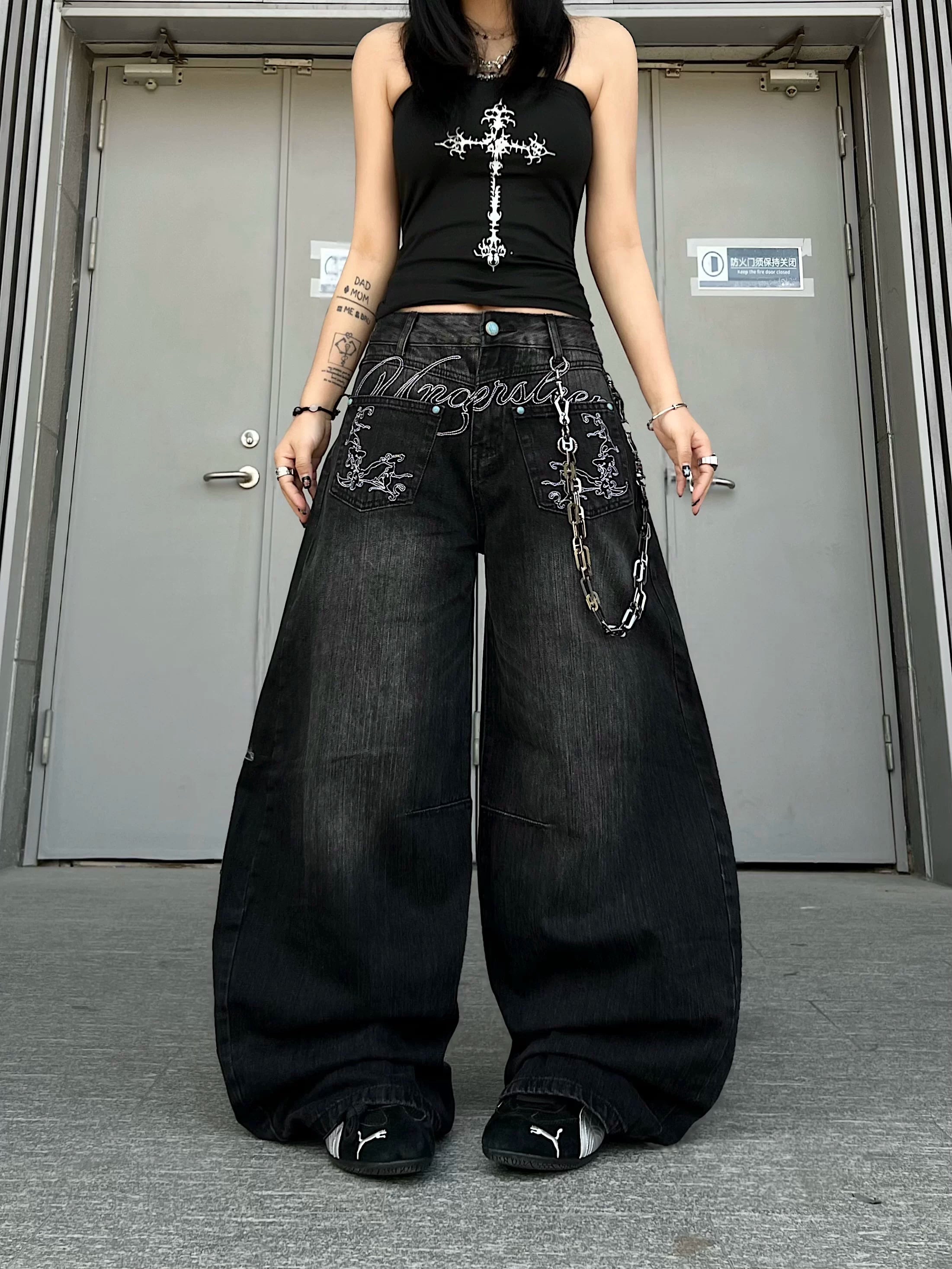 TR BRUSHHIFT American Design Flip Pocket Embroidered Curved Knife Jeans Loose Wide Leg Floor Pants