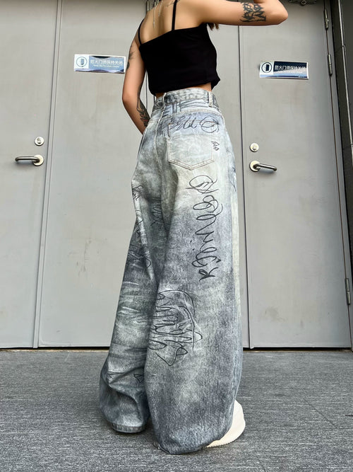 TR BRUSHHIFT American Graffiti Street Jeans, Washed and Used, Loose Wide Leg, Floor Bending Knife Pants
