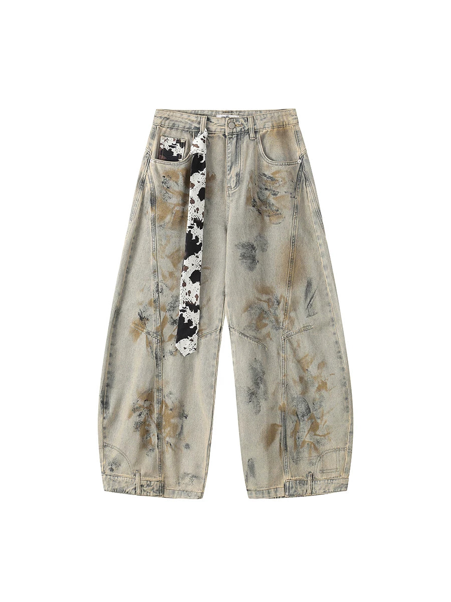TR BRUSHHIFT American Heavy Industry Tie Dyeing Deconstructed Bent Knife Jeans Street Loose Matching Strap Wide Leg Pants