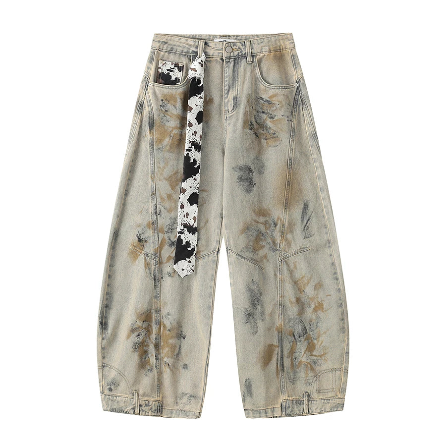 TR BRUSHHIFT American Heavy Industry Tie Dyeing Deconstructed Bent Knife Jeans Street Loose Matching Strap Wide Leg Pants
