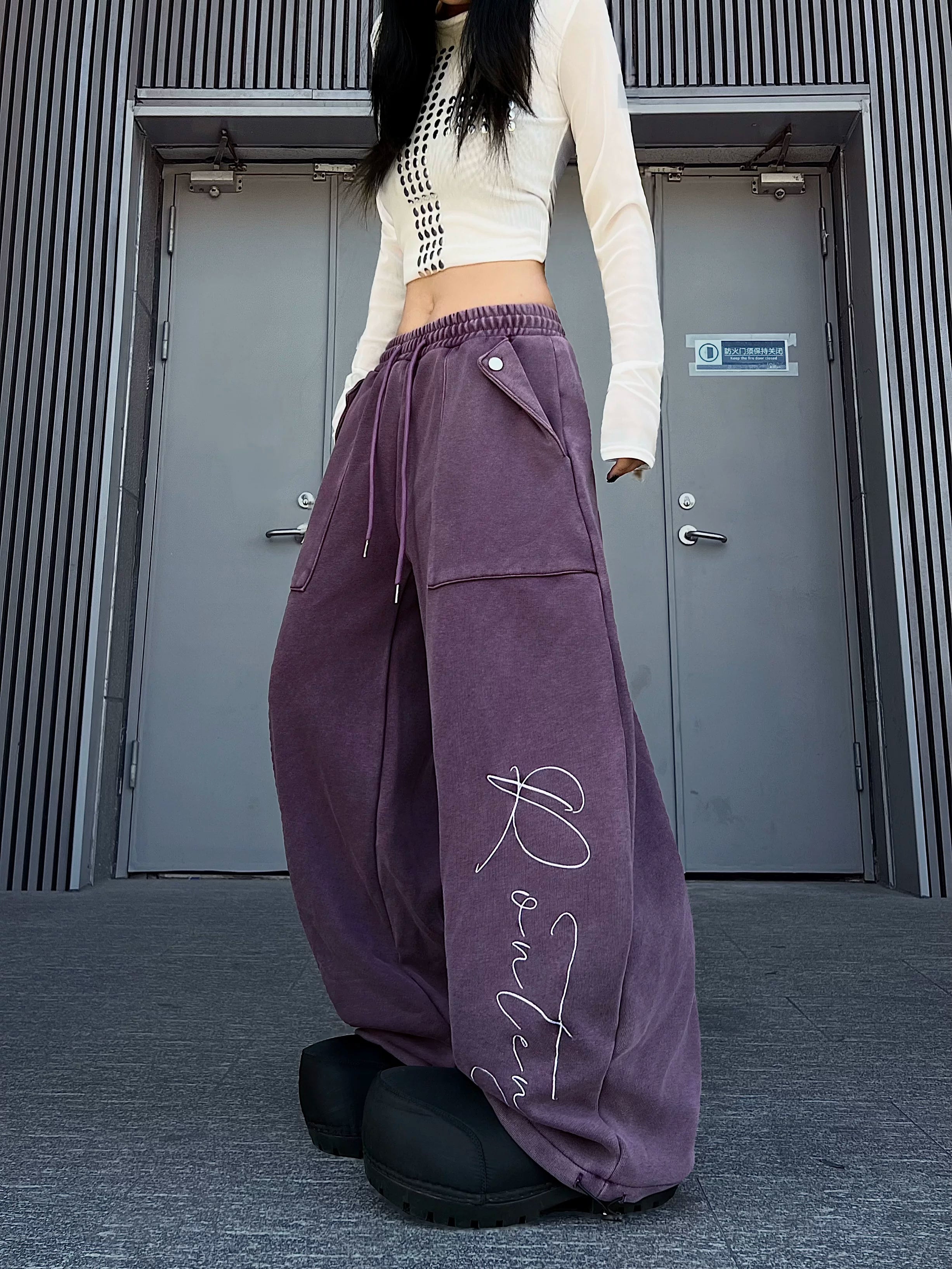 TR BRUSHSHIFT美式街头银狐绒刺绣弯刀卫裤加绒垂感跳舞阔腿长裤