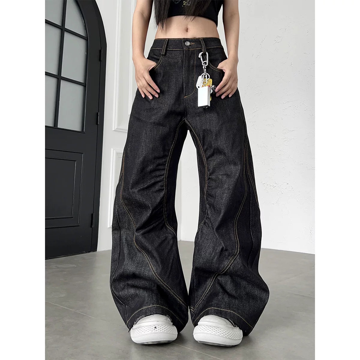 TR BRUSHHIFT American Gothic style heavy embroidery pleated original color jeans loose wide leg curved knife pants