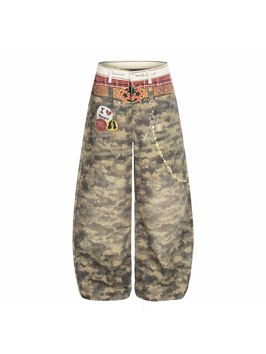 TR BRUSHHIFT American 3D digital printing technology camouflage jeans loose trendy brand curved knife wide leg pants