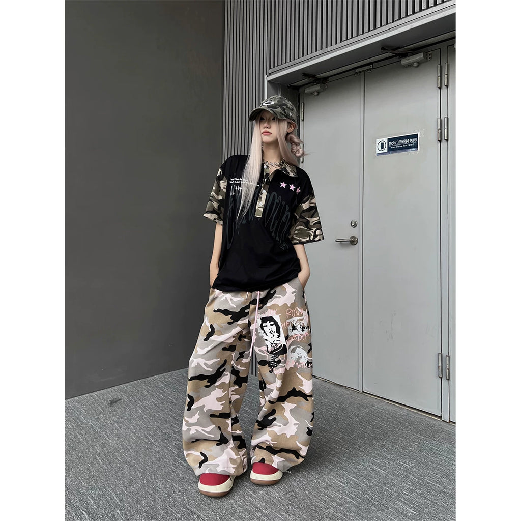 TR BRUSHHIFT Street Trendy Brand Printed Camouflage Curved Knife Guard Pants Loose Dancing Drawstring Wide Leg Casual Pants