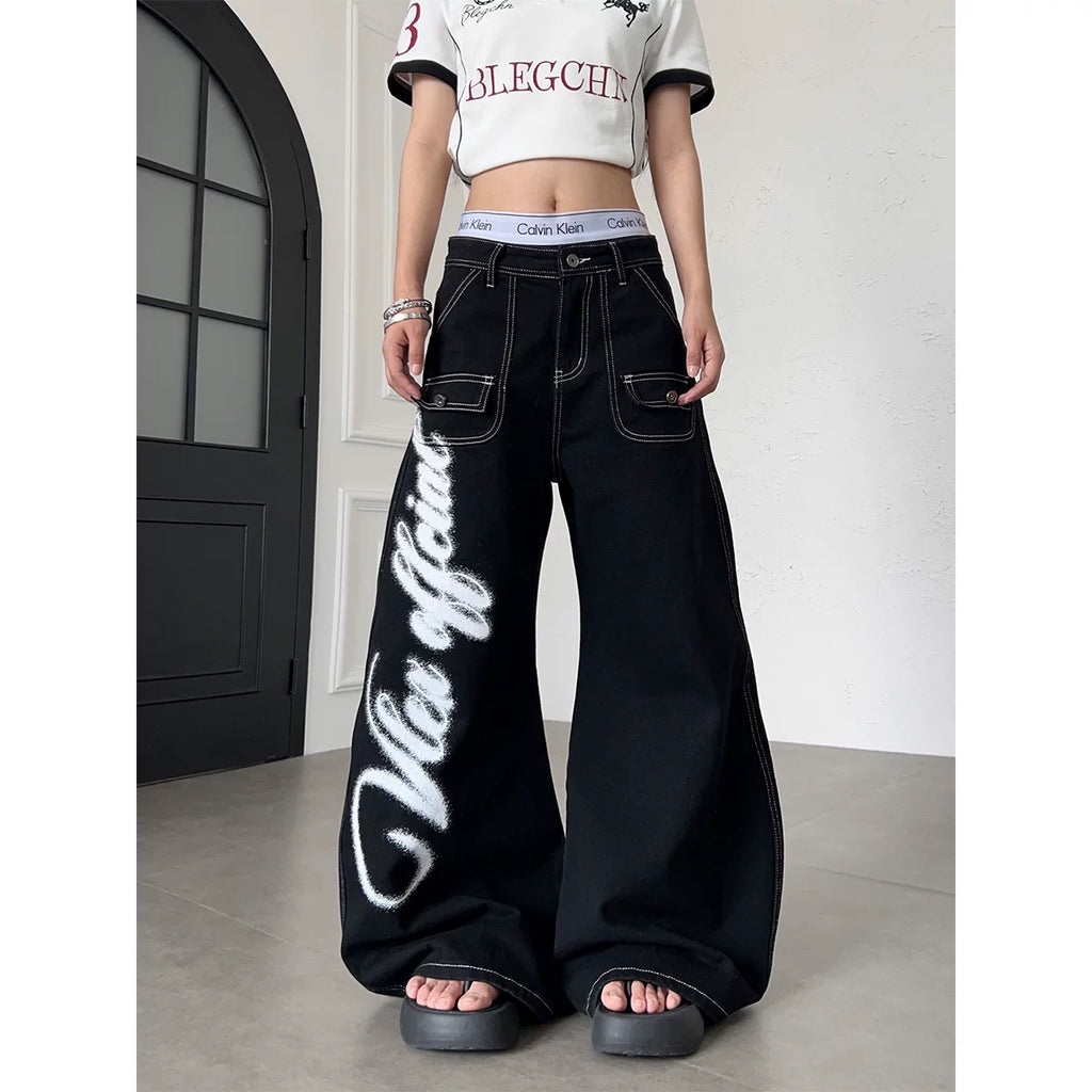 TR BRUSHHIFT American Wings Graffiti Printed Bright Line Jeans Wide Leg Bent Knife Multi Pocket Floor Pants