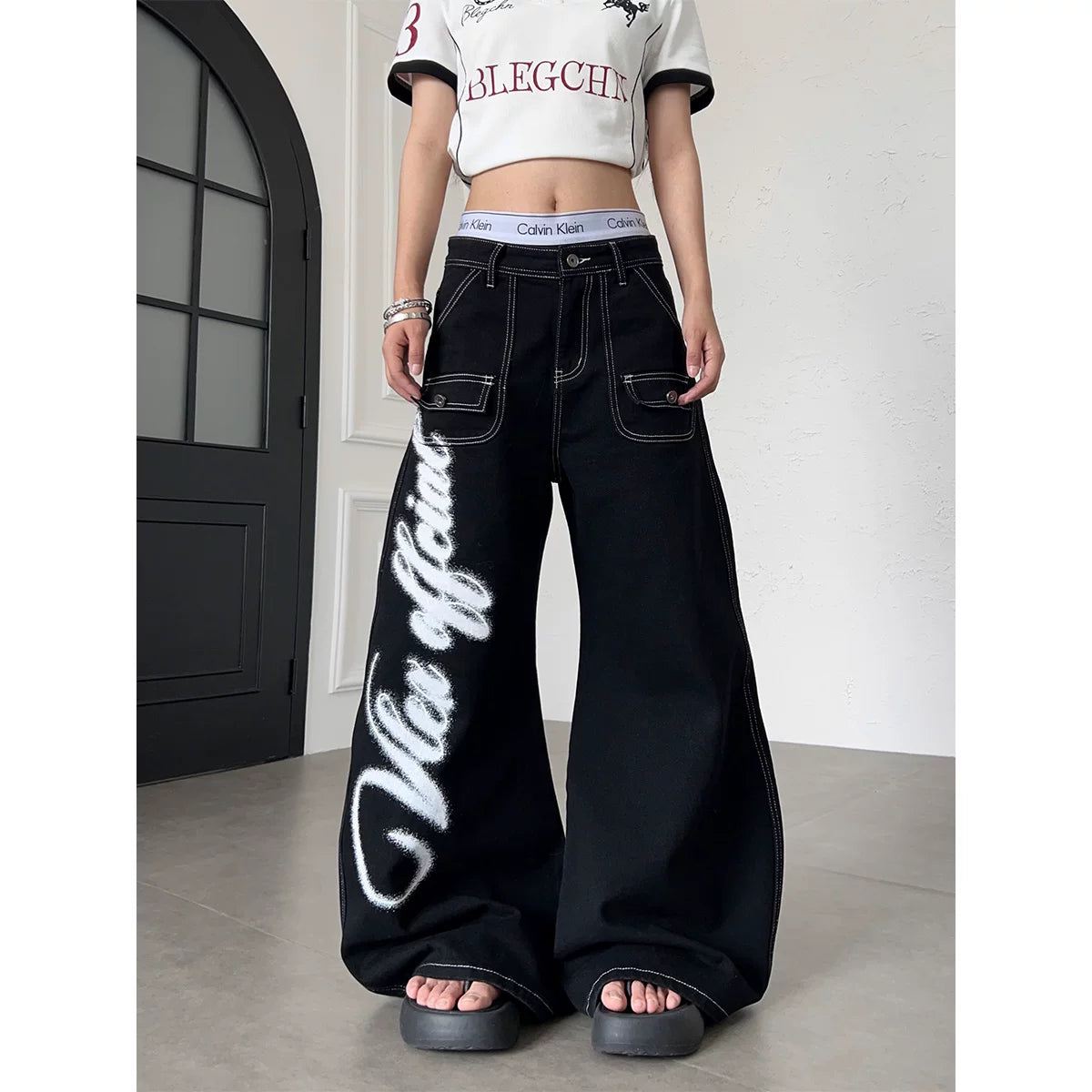TR BRUSHHIFT American Wings Graffiti Printed Bright Line Jeans Wide Leg Bent Knife Multi Pocket Floor Pants