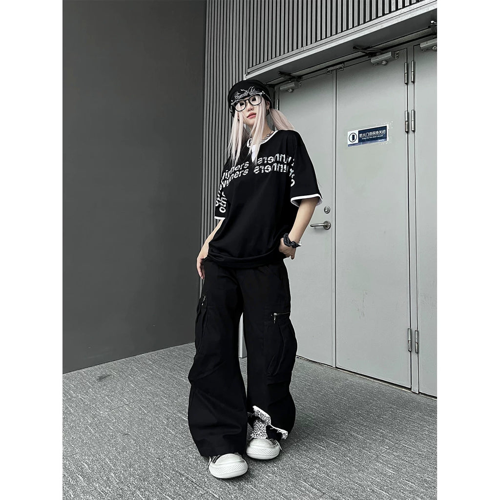 TR BRUSHHIFT street leopard print double waisted spliced curved knife work pants with three-dimensional pockets wide leg casual pants