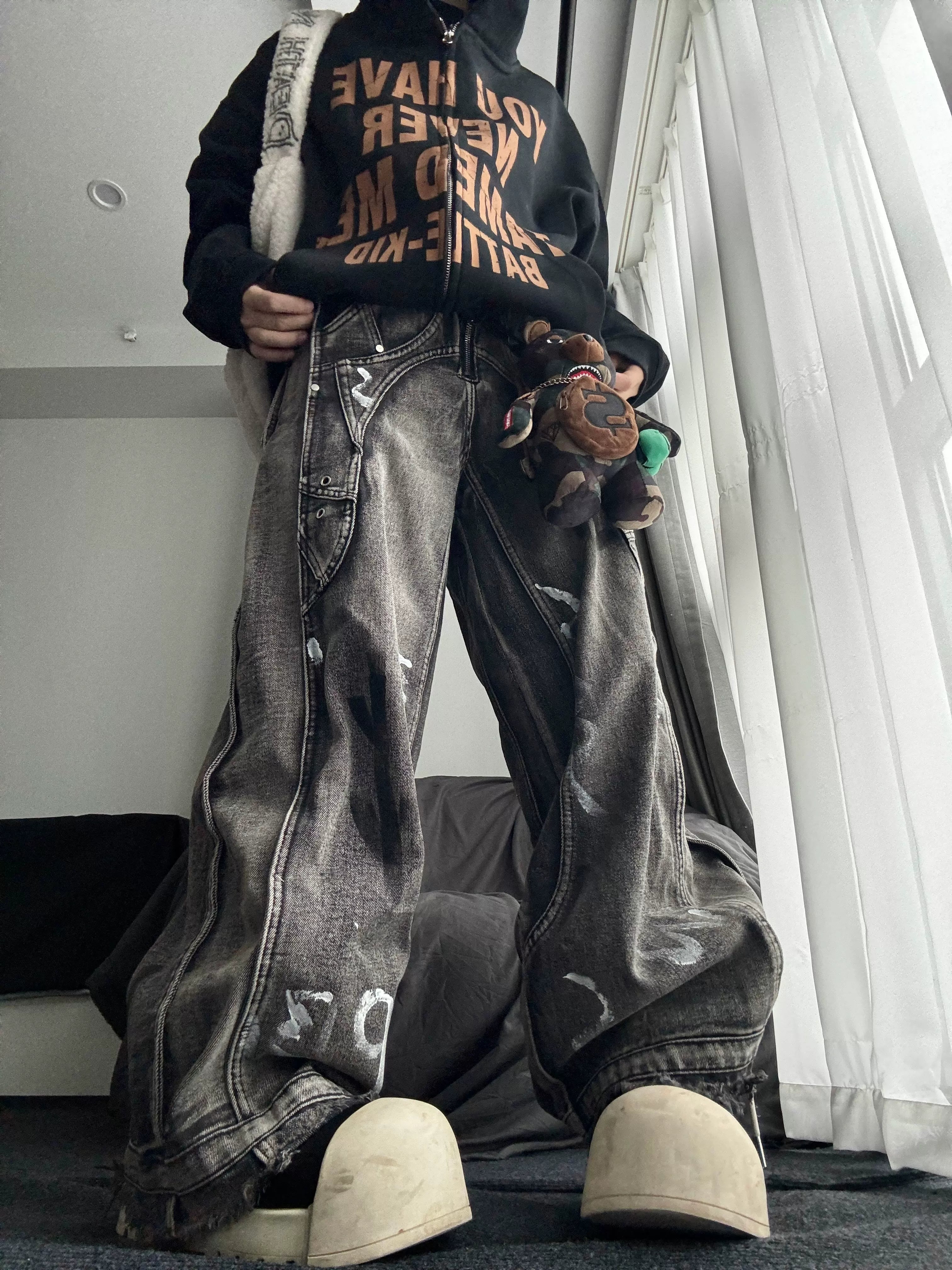 TR BRUSHHIFT American retro vintage distressed graffiti silhouette jeans wide leg mop pants trendy