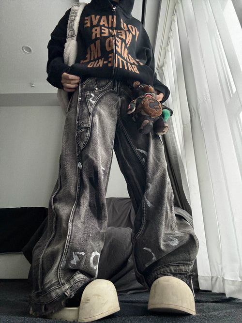TR BRUSHHIFT American retro vintage distressed graffiti silhouette jeans wide leg mop pants trendy