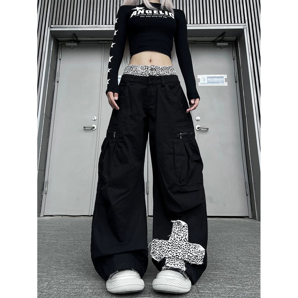 TR BRUSHHIFT street leopard print double waisted spliced curved knife work pants with three-dimensional pockets wide leg casual pants