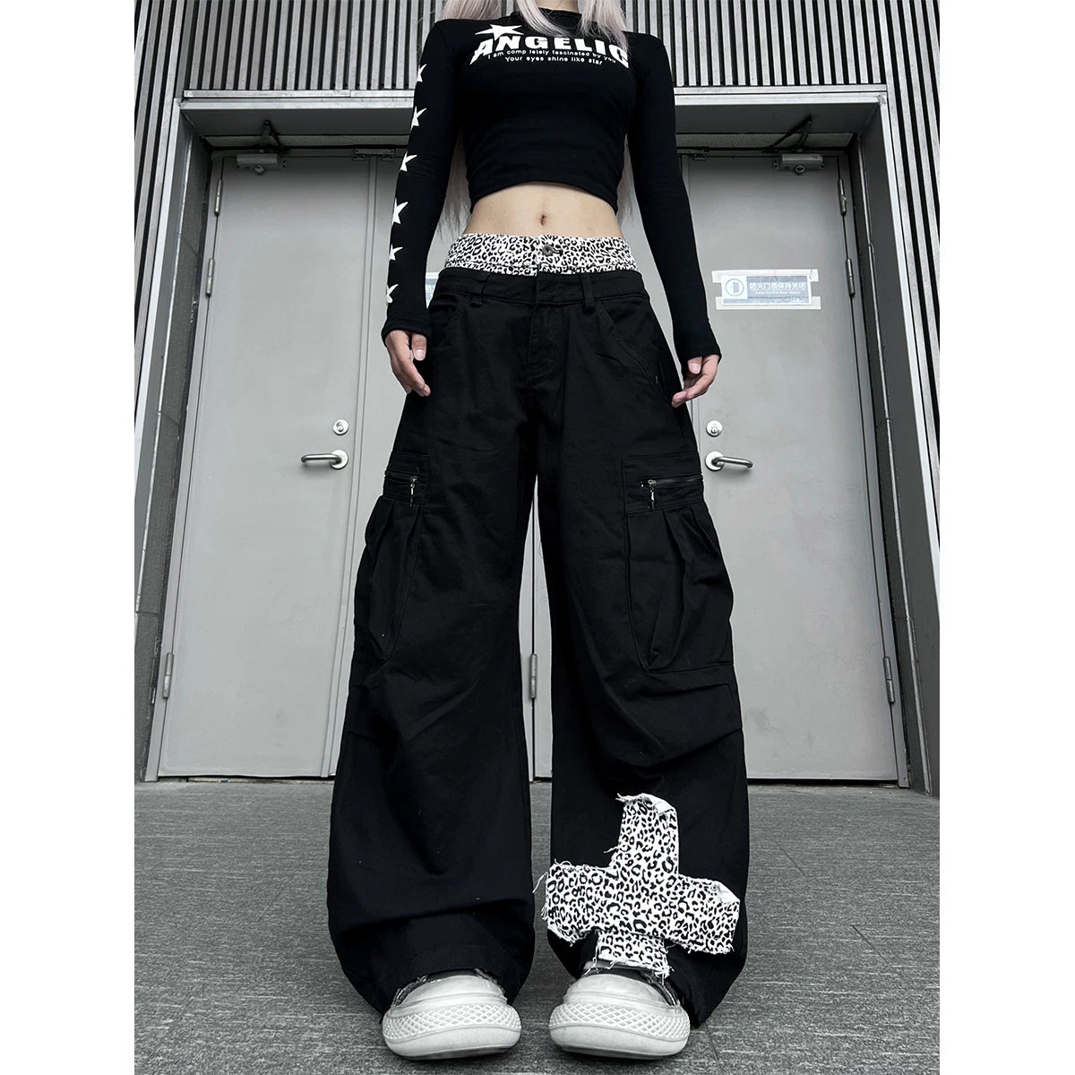 TR BRUSHHIFT street leopard print double waisted spliced curved knife work pants with three-dimensional pockets wide leg casual pants