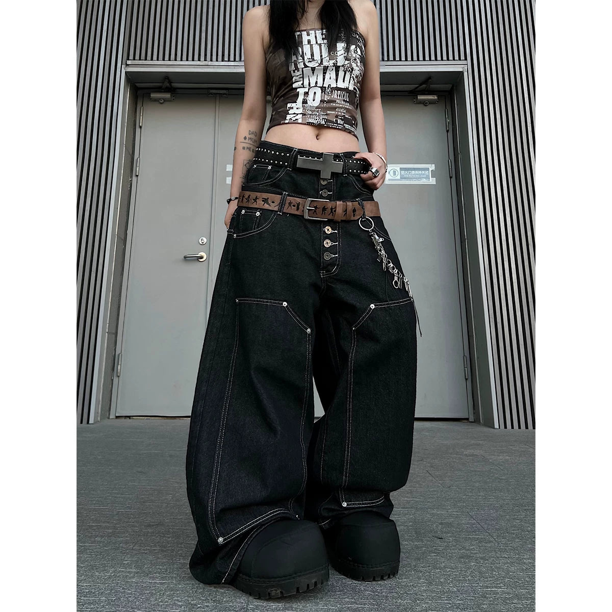 TR BRUSHHIFT American Heavy Industry Eight Loop Buckle Double Head Waist Original Bull Street Loose Straight Tube Logging Jeans