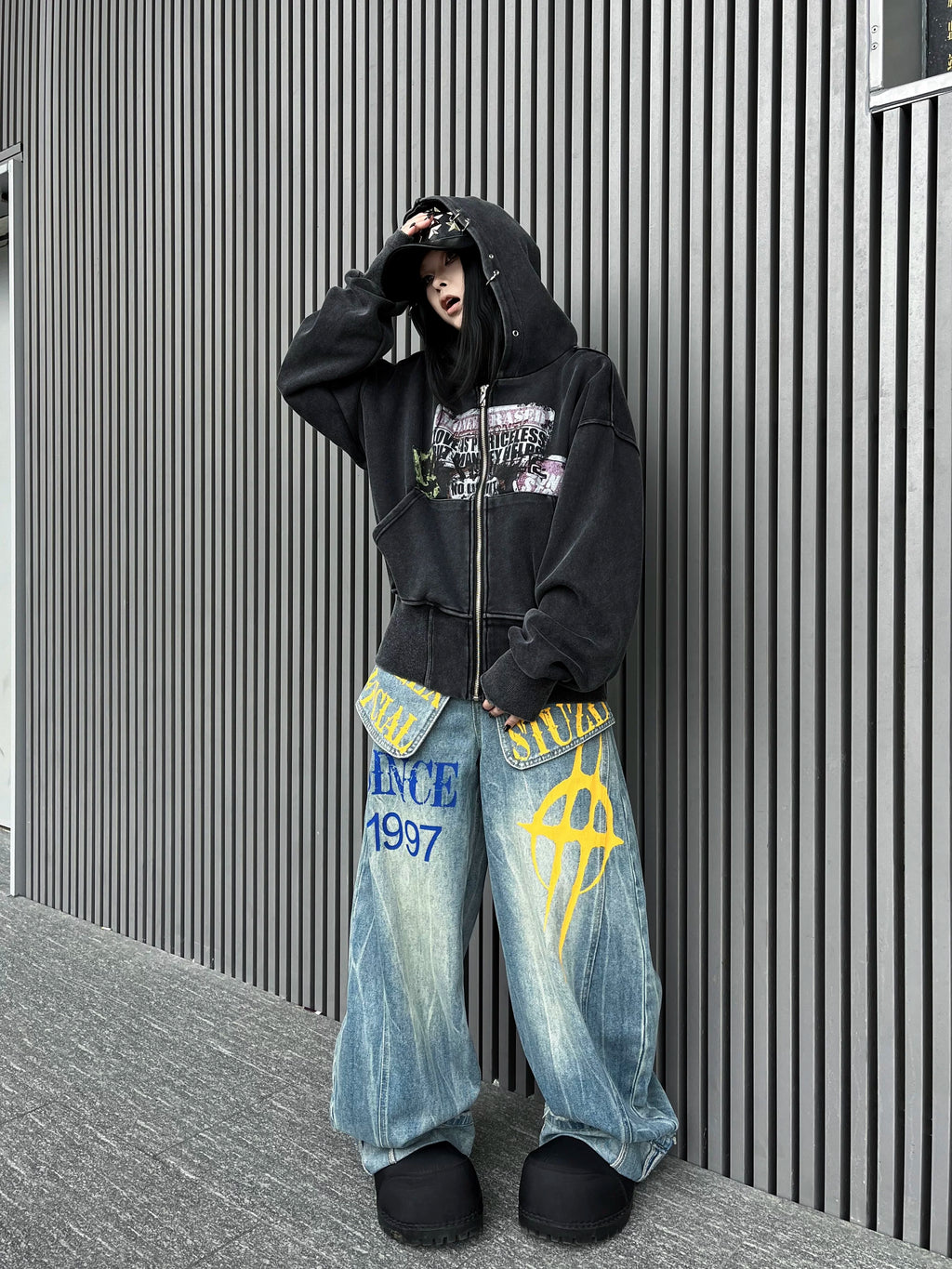 TR BRUSHSHIFT美式街头假两件屁帘叠穿印花牛仔裤宽松阔腿拖地裤