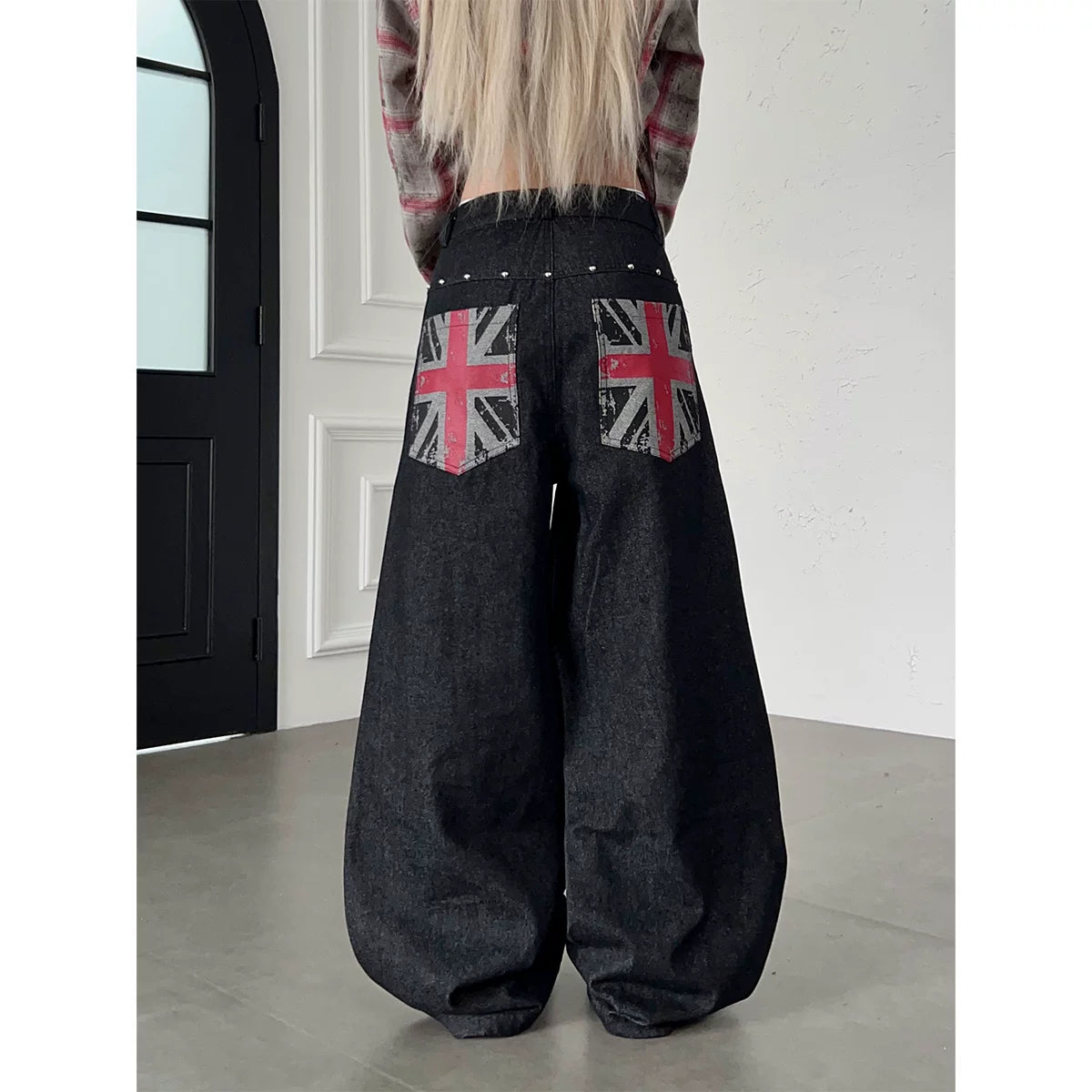 TR BRUSHHIFT American Street Rice Flag Printed Original Beef Jeans Wide Leg Nail Bead Multi breasted Pants