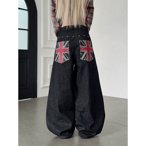 TR BRUSHHIFT American Street Rice Flag Printed Original Beef Jeans Wide Leg Nail Bead Multi breasted Pants