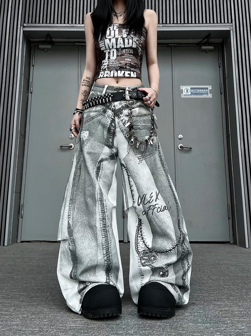 TR BRUSHHIFT 3D digital printing direct spray process jeans American Y2K pleated curved knife wide leg pants